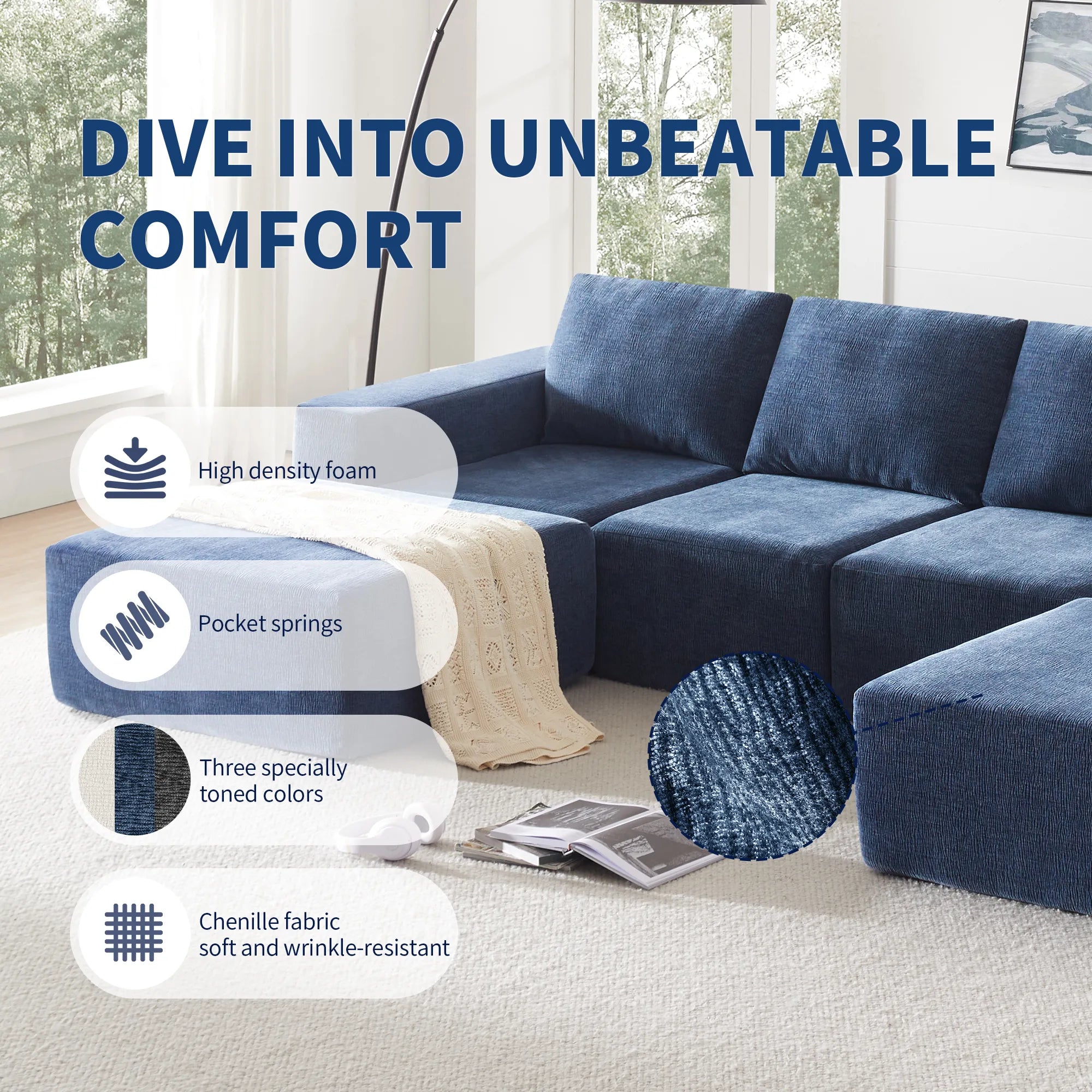 110" Chenille Upholstered Modern Modular Sectional Compressed Sofa