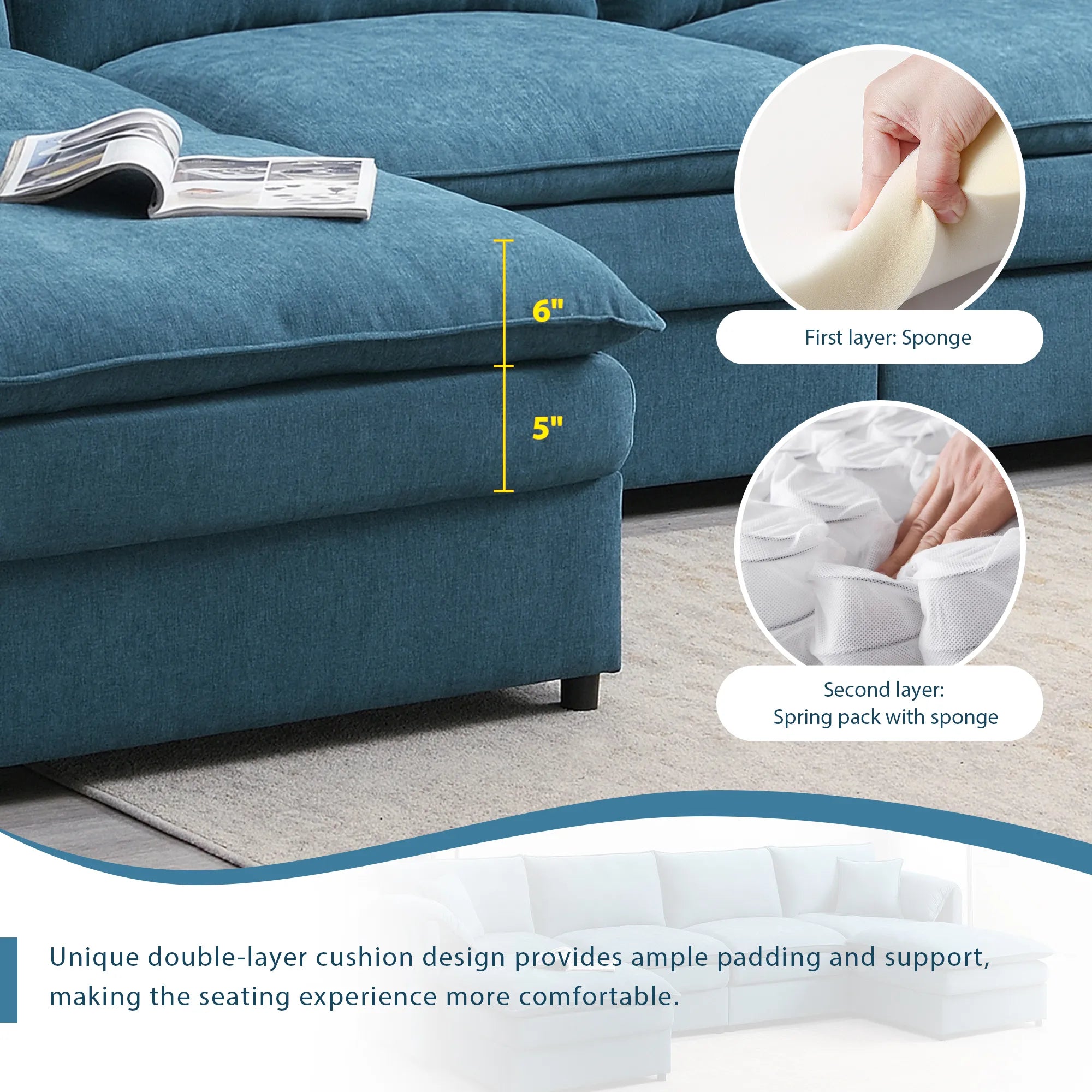 134" 6 Seater U Shaped Chenille Modular Sofa with Double Layer Cushions