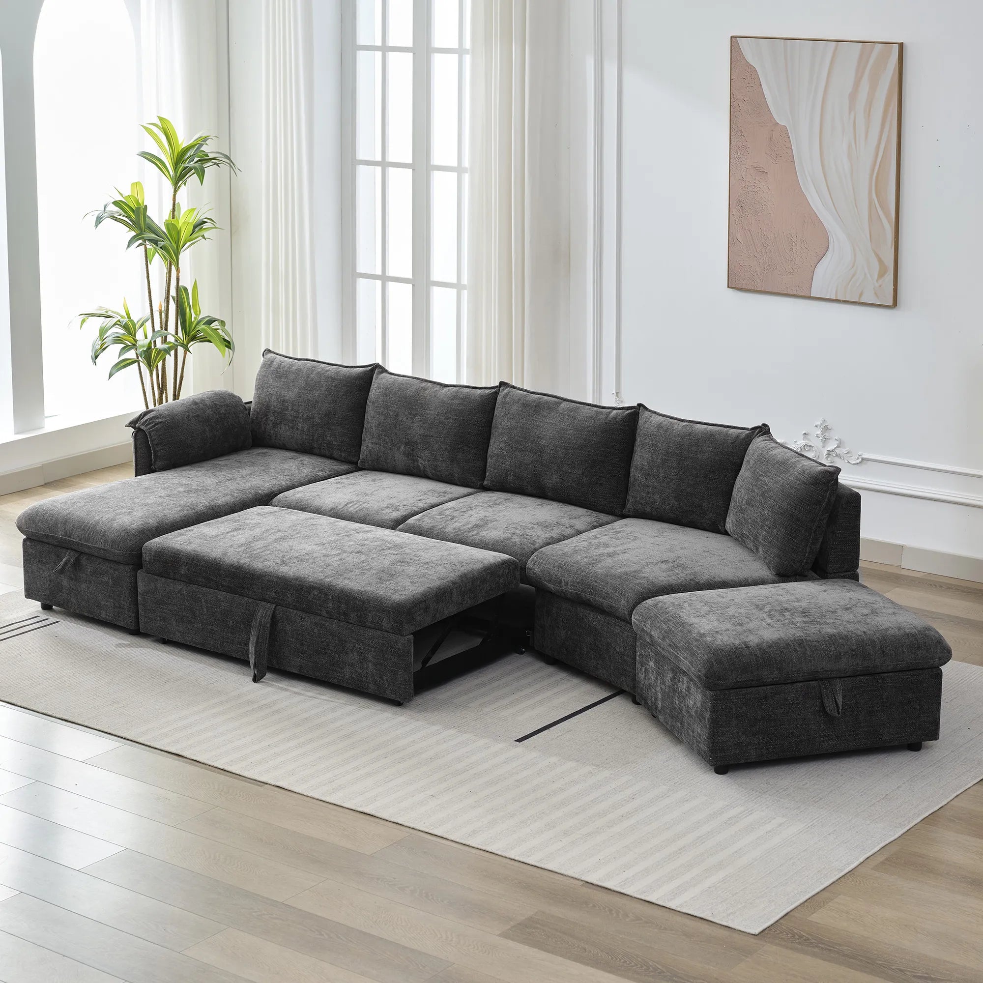 147" L Shape Pull-Out Sectional Sofa Bed with Ottoman