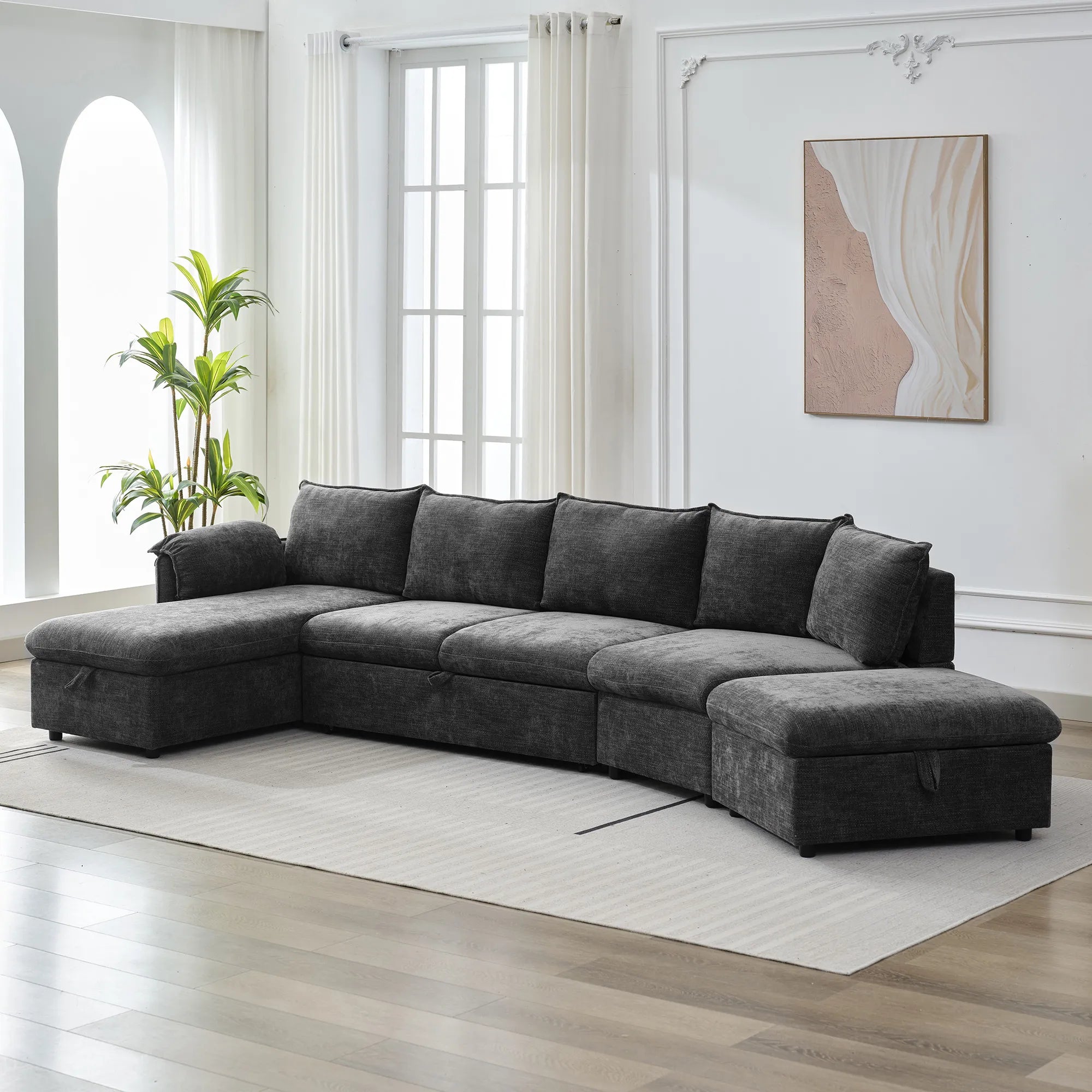 147" L Shape Pull-Out Sectional Sofa Bed with Ottoman