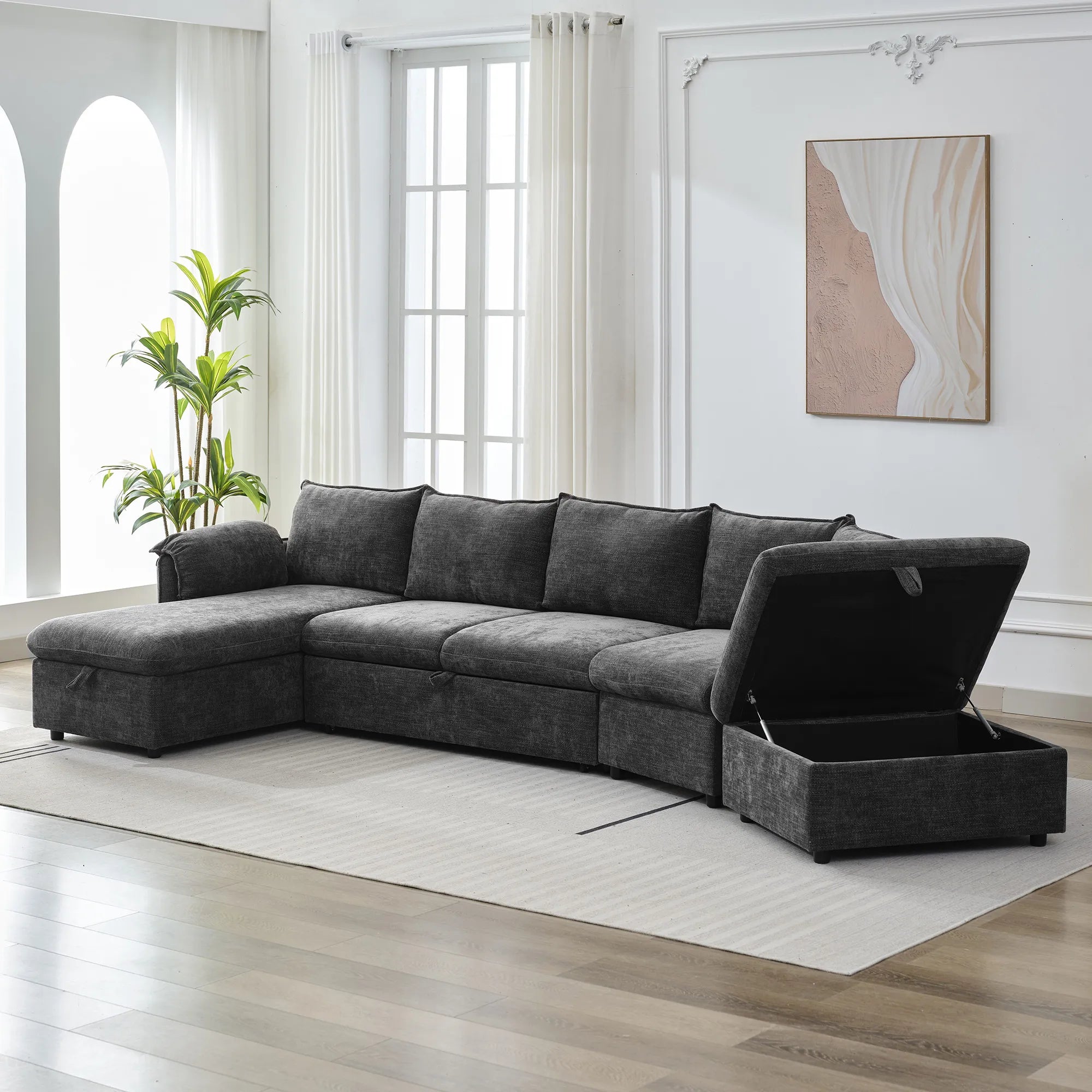 147" L Shape Pull-Out Sectional Sofa Bed with Ottoman