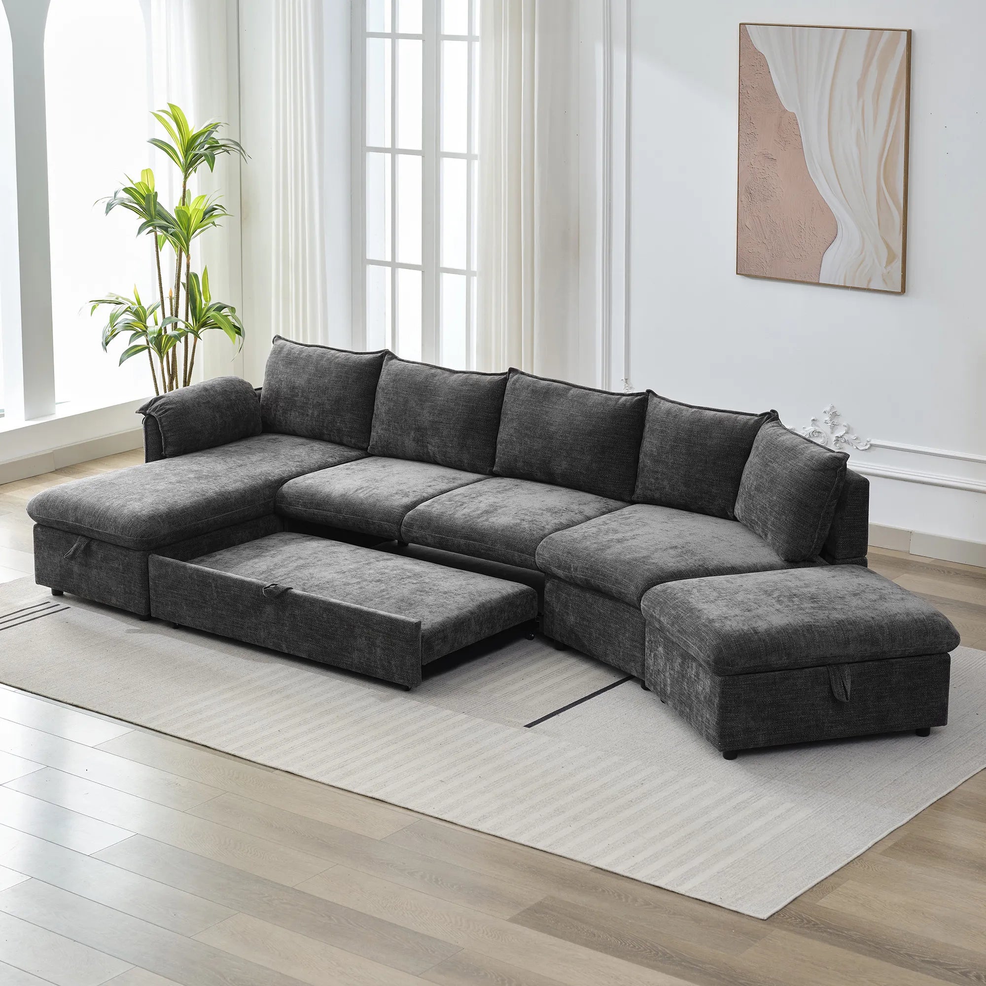 147" L Shape Pull-Out Sectional Sofa Bed with Ottoman