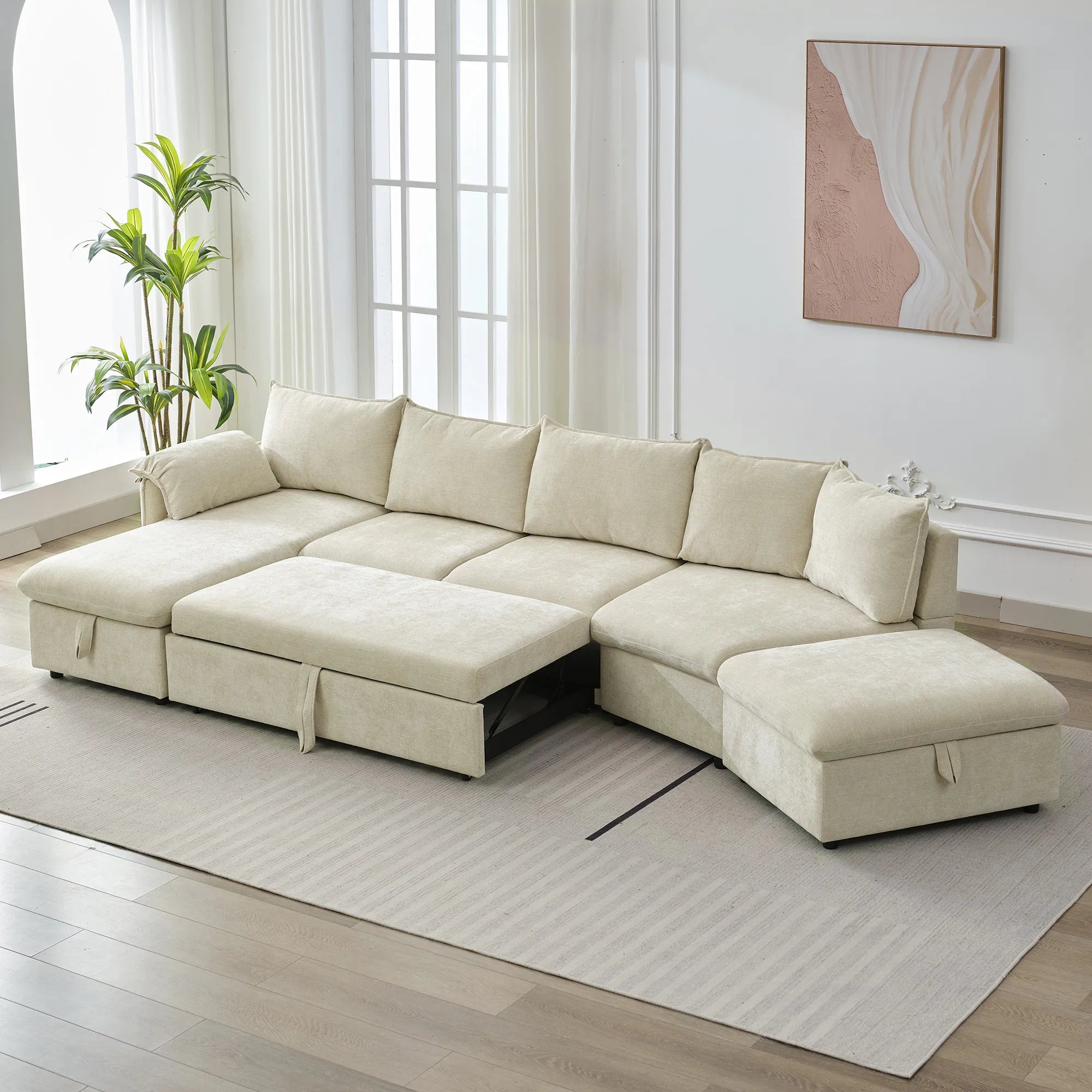 147" L Shape Pull-Out Sectional Sofa Bed with Ottoman
