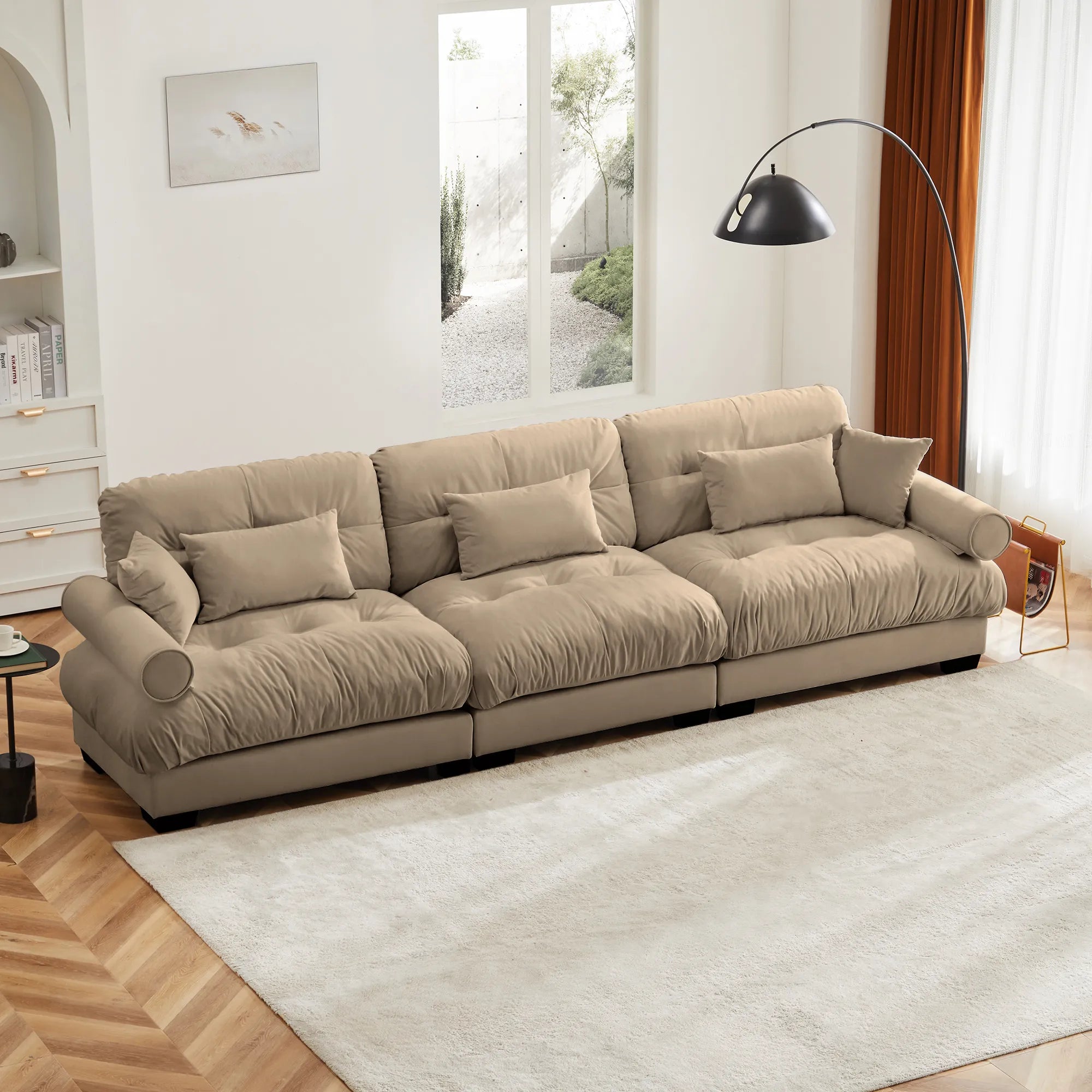 3 Seater Oversized Velvet Sectional Sofa with Movable Ottoman and Bolstered Armrests
