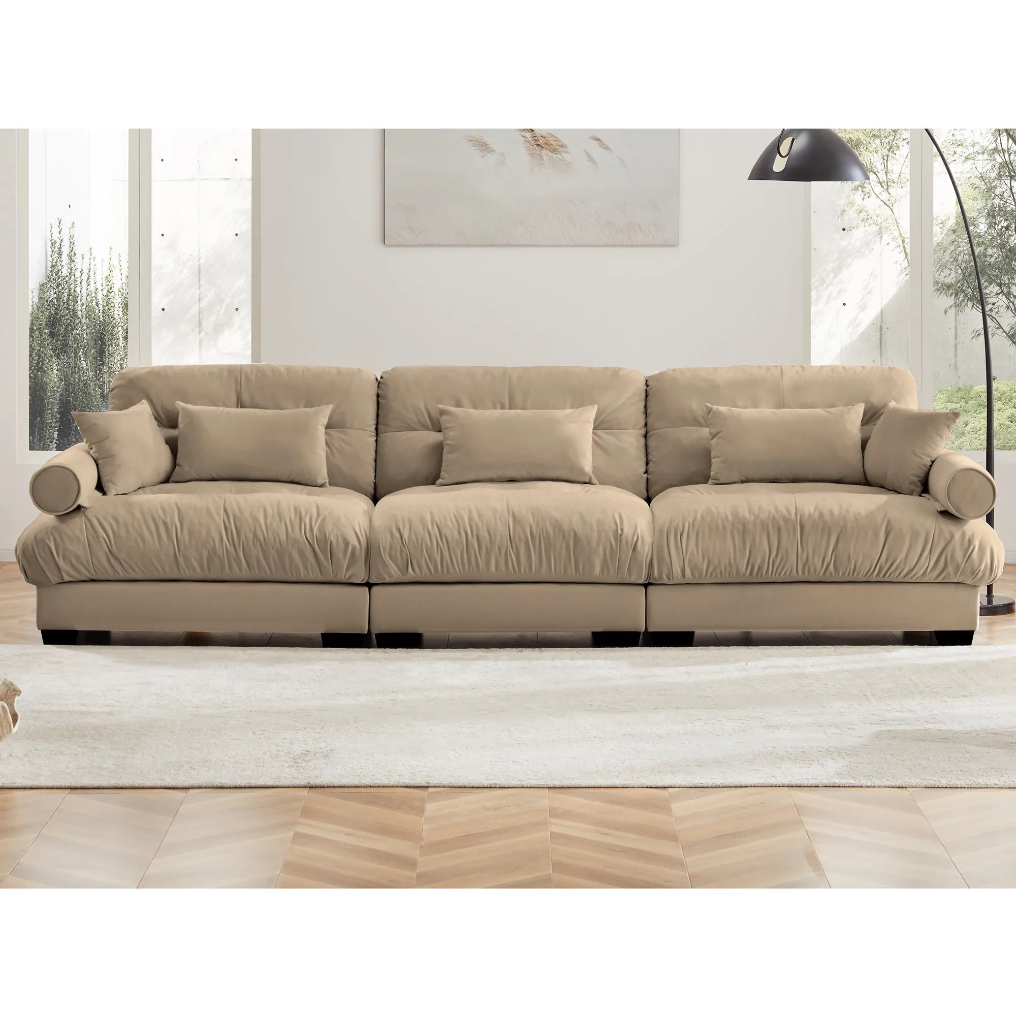 3 Seater Oversized Velvet Sectional Sofa with Movable Ottoman and Bolstered Armrests