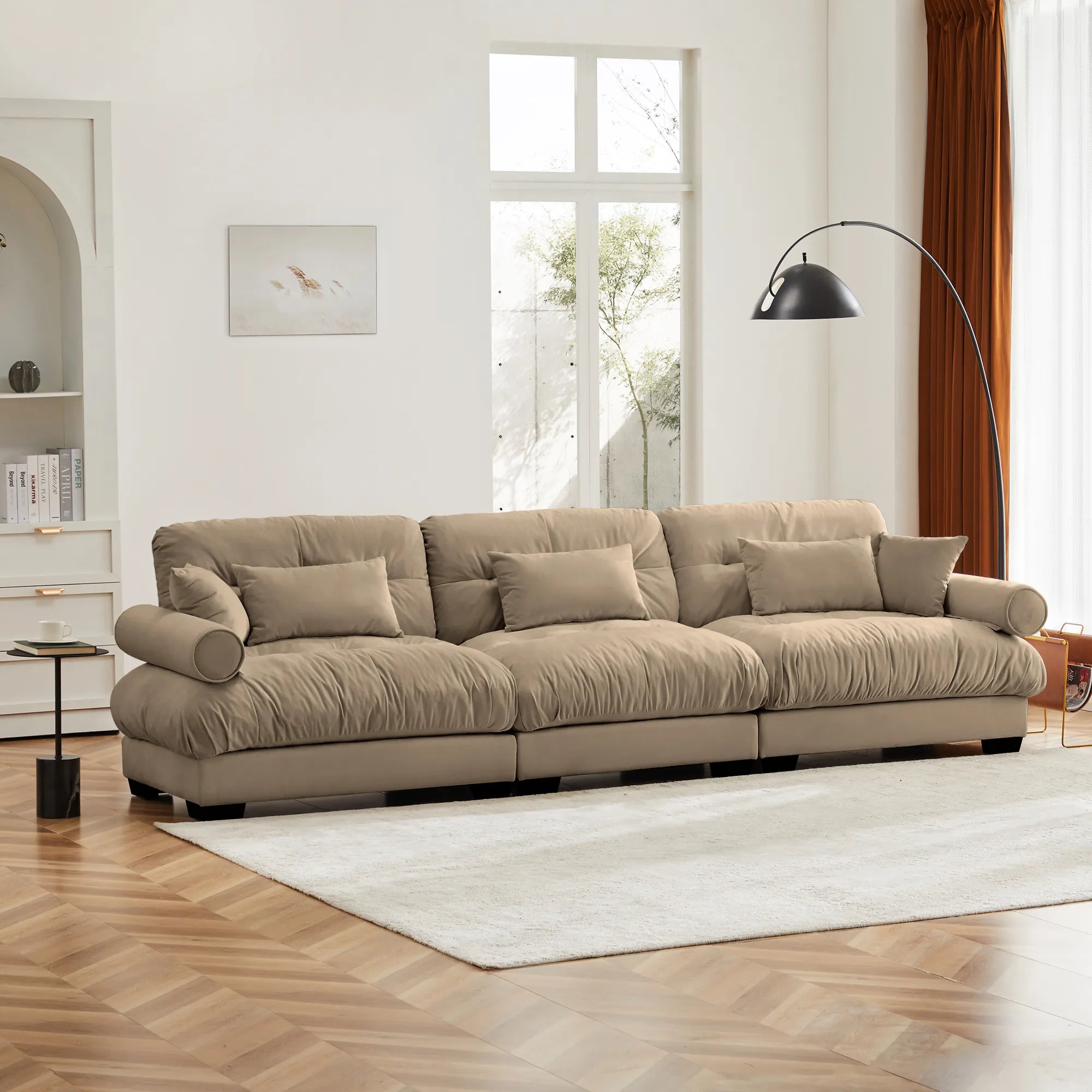 3 Seater Oversized Velvet Sectional Sofa with Movable Ottoman and Bolstered Armrests