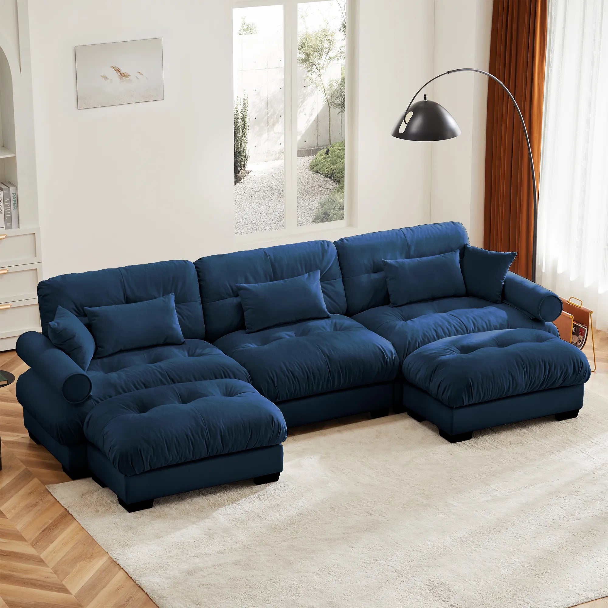 3 Seater Oversized Velvet Sectional Sofa with Movable Ottoman and Bolstered Armrests