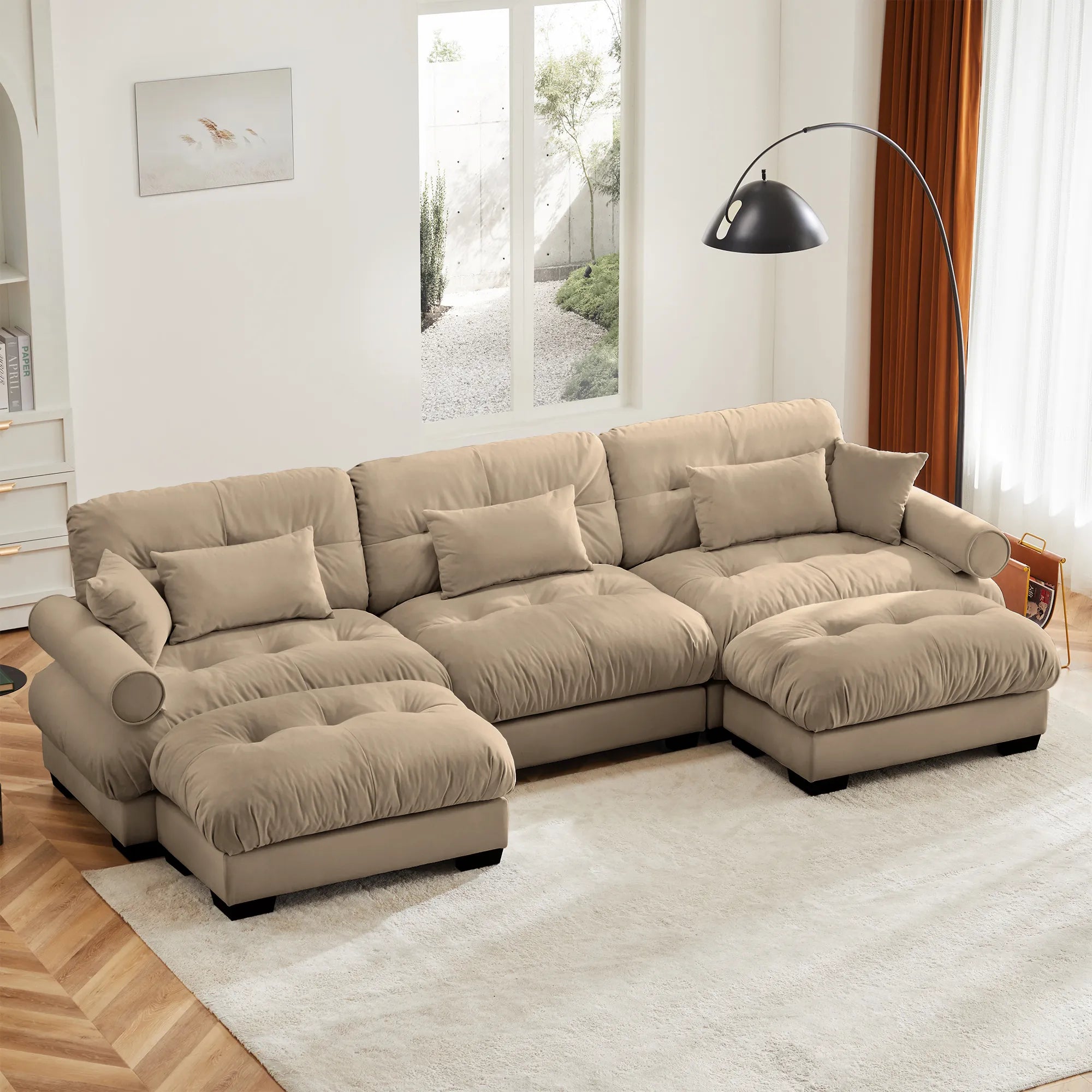 3 Seater Oversized Velvet Sectional Sofa with Movable Ottoman and Bolstered Armrests
