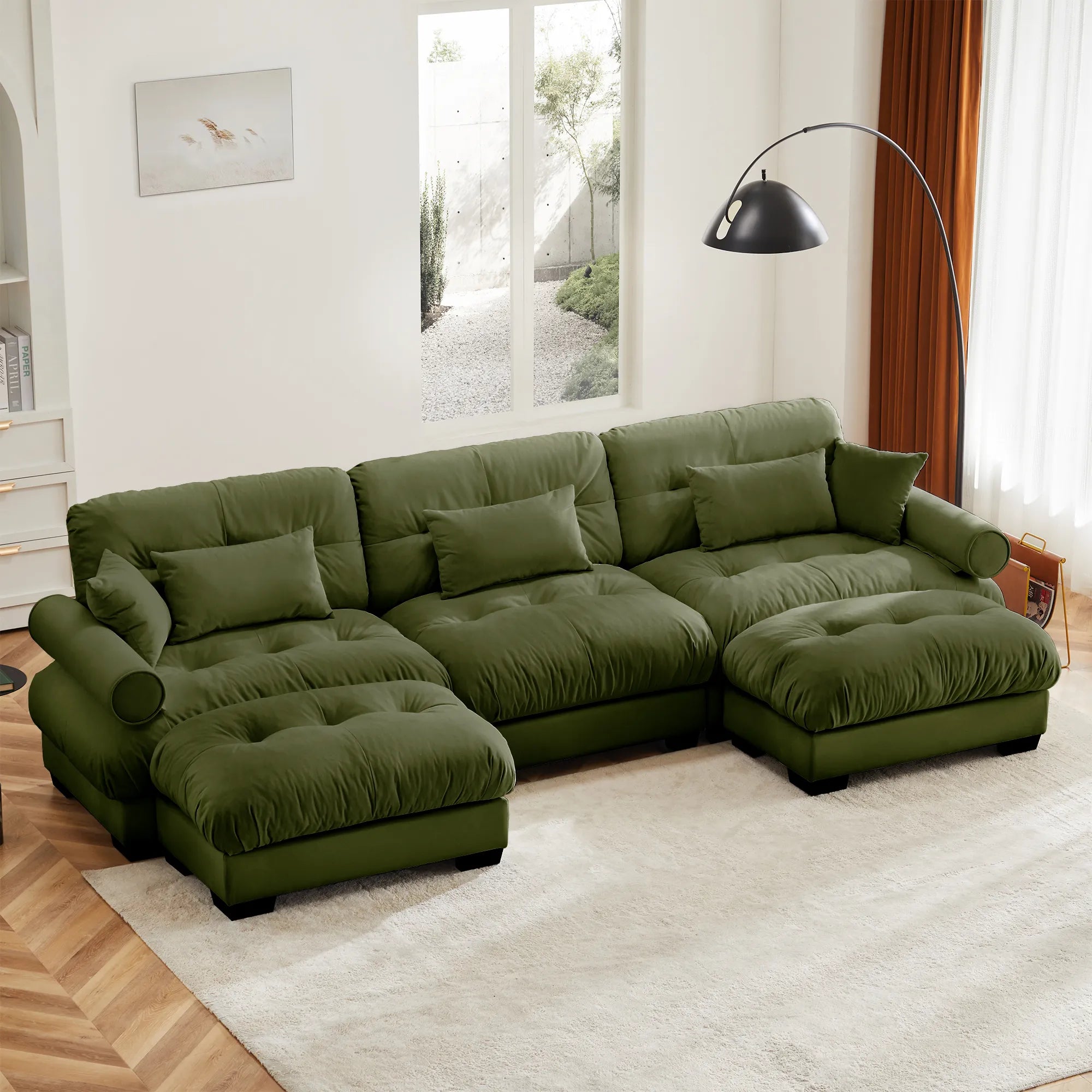 3 Seater Oversized Velvet Sectional Sofa with Movable Ottoman and Bolstered Armrests