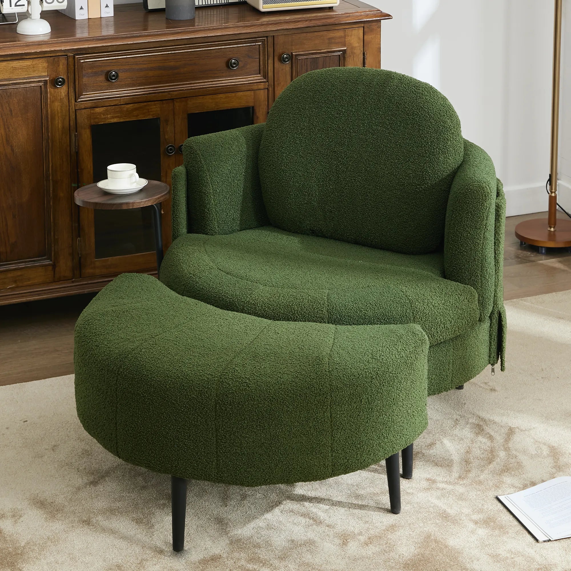 42" Lamb Velvet Sofa Chair With Cresent Footstool