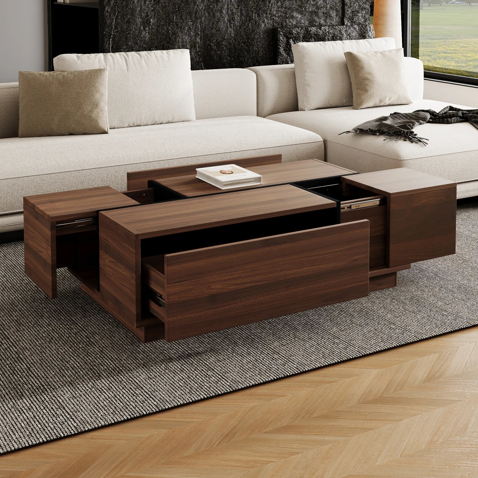 47" Rectangular Sliding Top Coffee Table with Hidden Storage