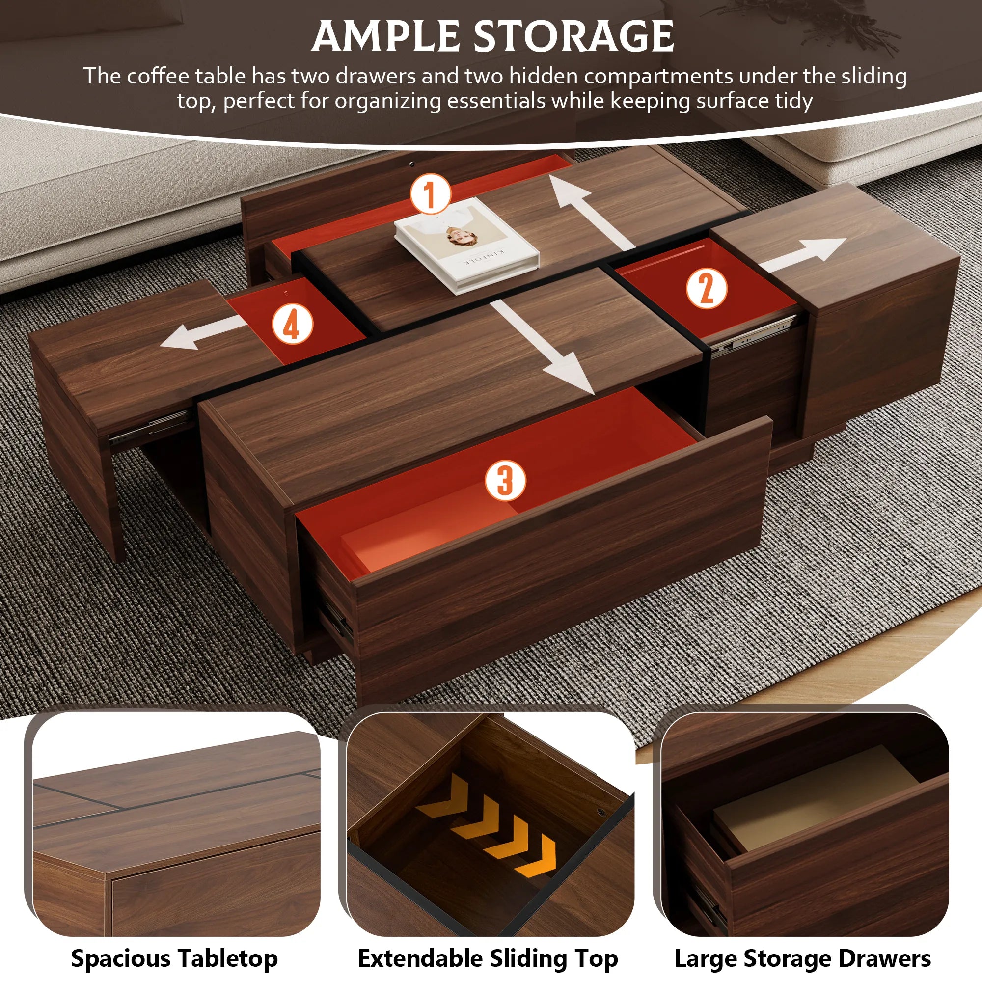 47" Rectangular Sliding Top Coffee Table with Hidden Storage