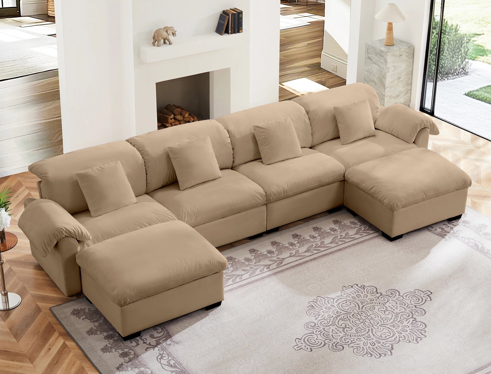 4 Seater Oversized Modern Velvet Cloud Comfort Sectional Sofa with Ottoman & Underseat Storage