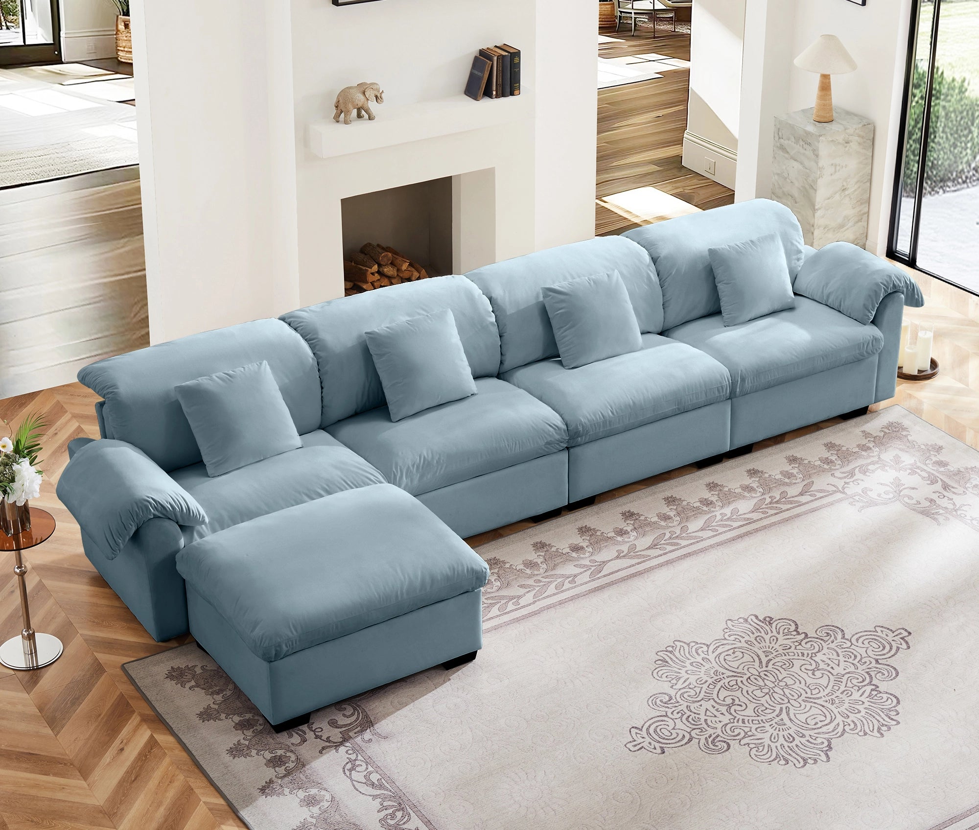 4 Seater Oversized Modern Velvet Cloud Comfort Sectional Sofa with Ottoman & Underseat Storage