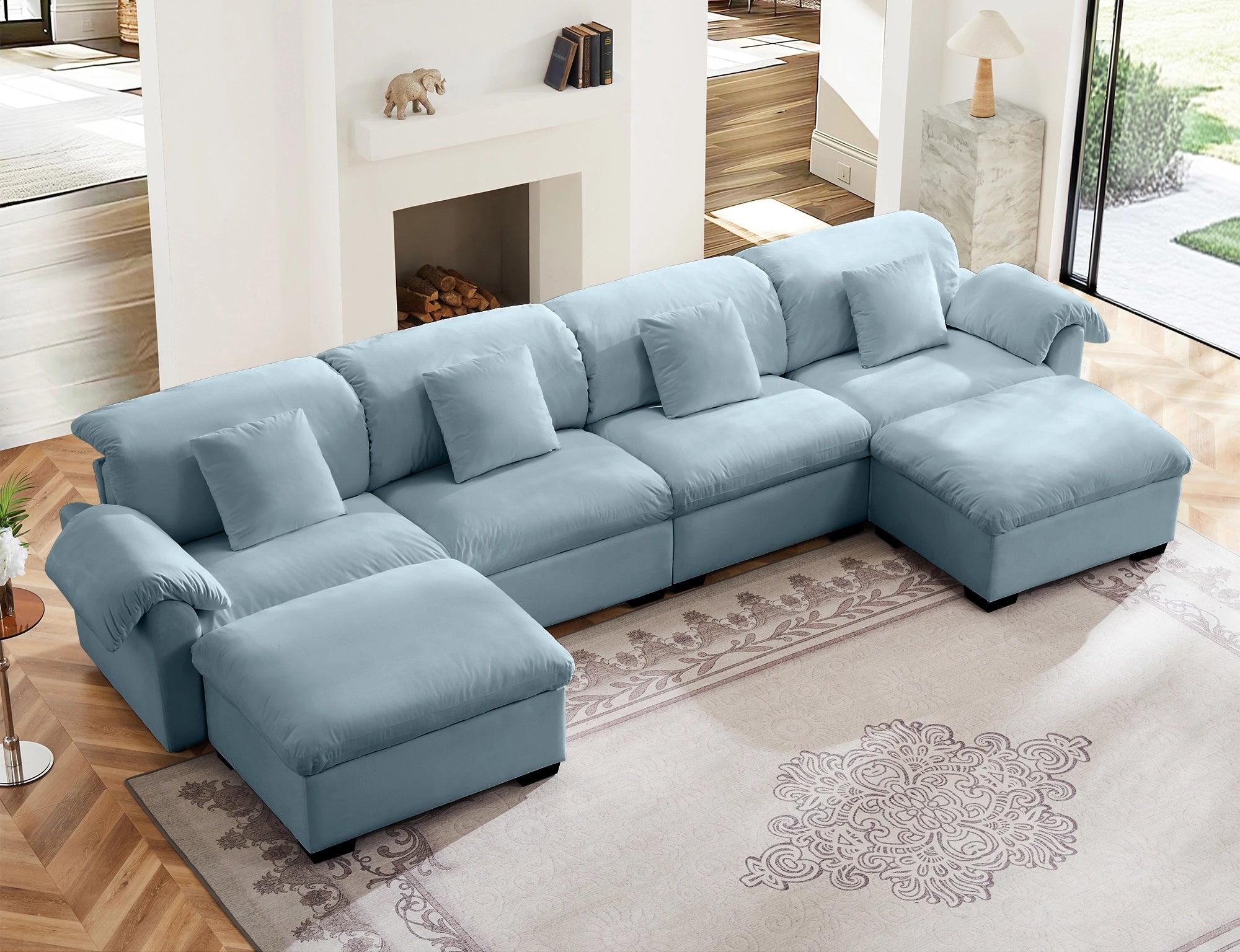 4 Seater Oversized Modern Velvet Cloud Comfort Sectional Sofa with Ottoman & Underseat Storage