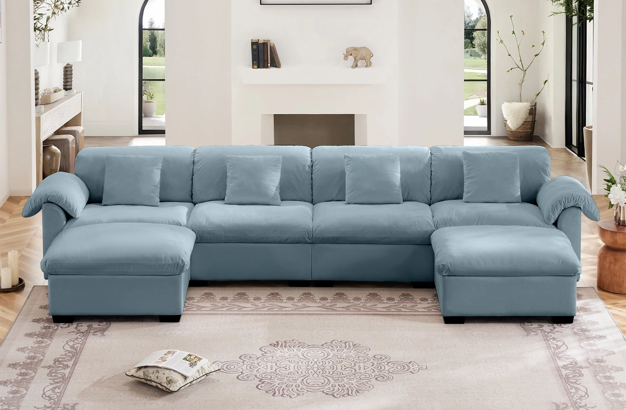 4 Seater Oversized Modern Velvet Cloud Comfort Sectional Sofa with Ottoman & Underseat Storage
