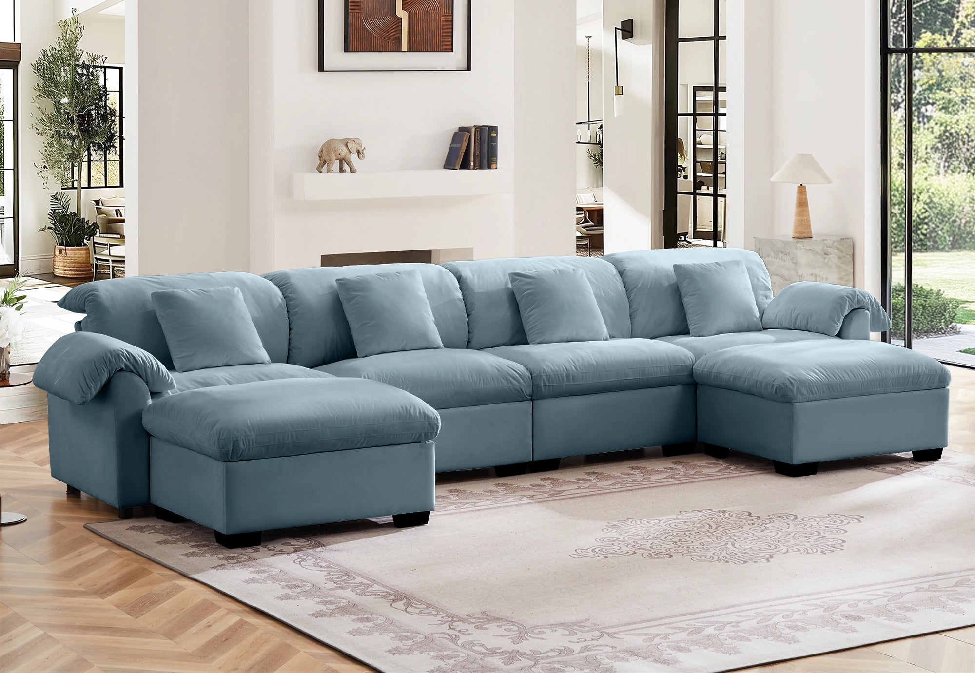 4 Seater Oversized Modern Velvet Cloud Comfort Sectional Sofa with Ottoman & Underseat Storage