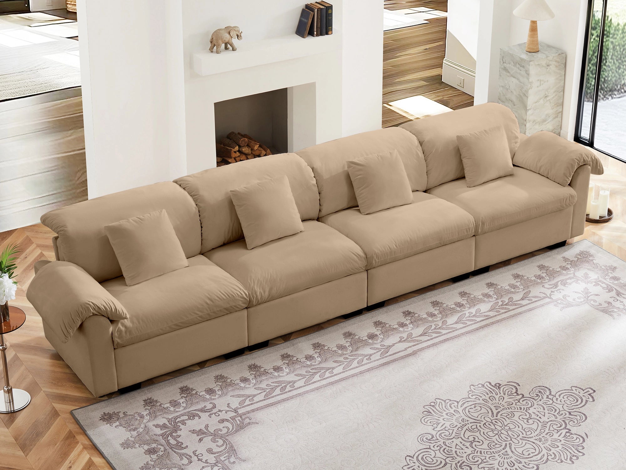 4 Seater Oversized Modern Velvet Cloud Comfort Sectional Sofa with Ottoman & Underseat Storage