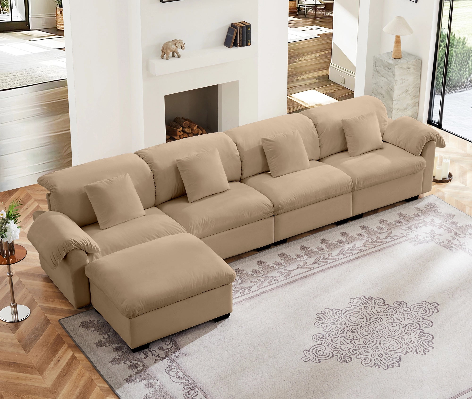 4 Seater Oversized Modern Velvet Cloud Comfort Sectional Sofa with Ottoman & Underseat Storage