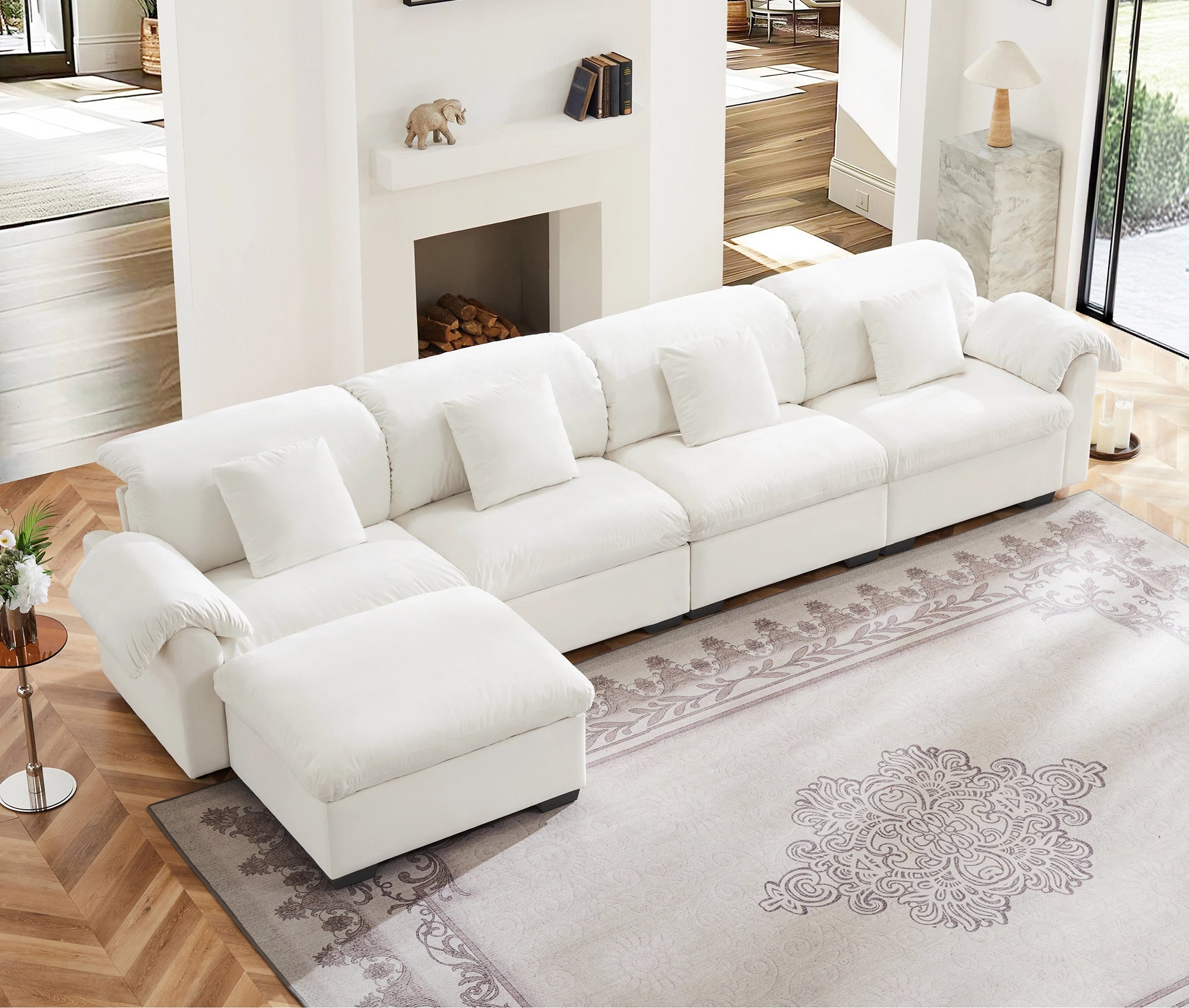 4 Seater Oversized Modern Velvet Cloud Comfort Sectional Sofa with Ottoman & Underseat Storage