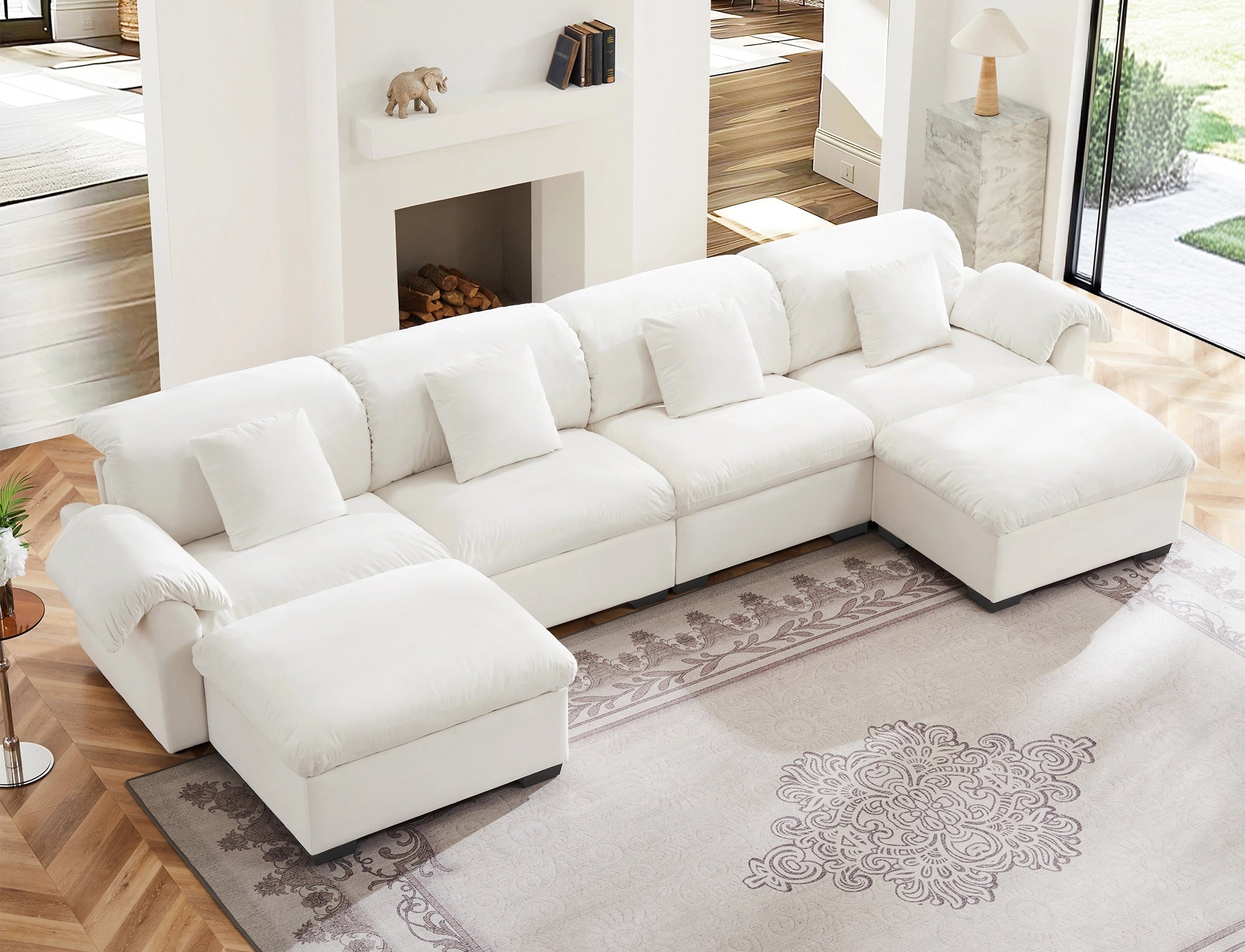 4 Seater Oversized Modern Velvet Cloud Comfort Sectional Sofa with Ottoman & Underseat Storage