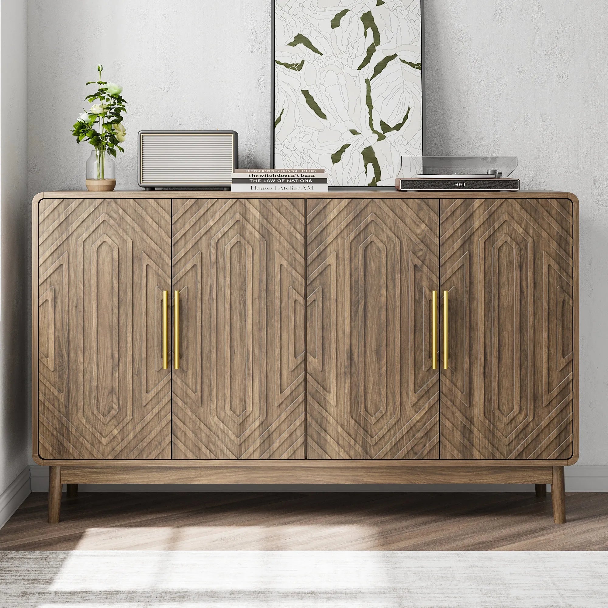 55” Walnut Carved 4-Door Sideboard