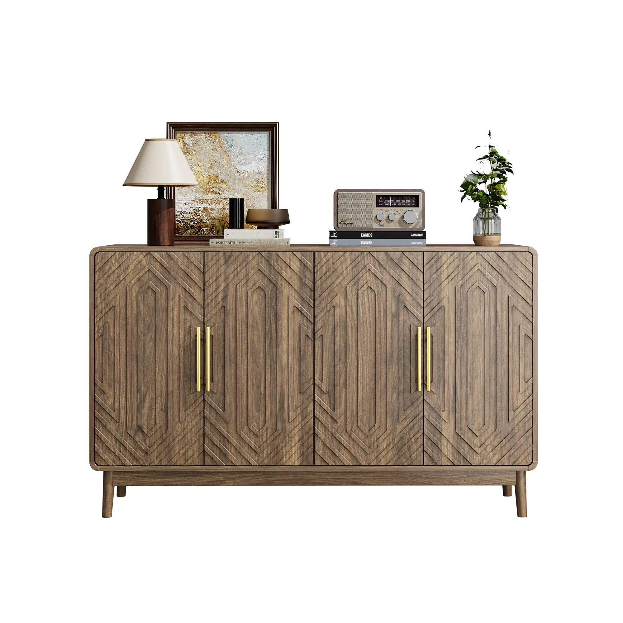 55” Walnut Carved 4-Door Sideboard