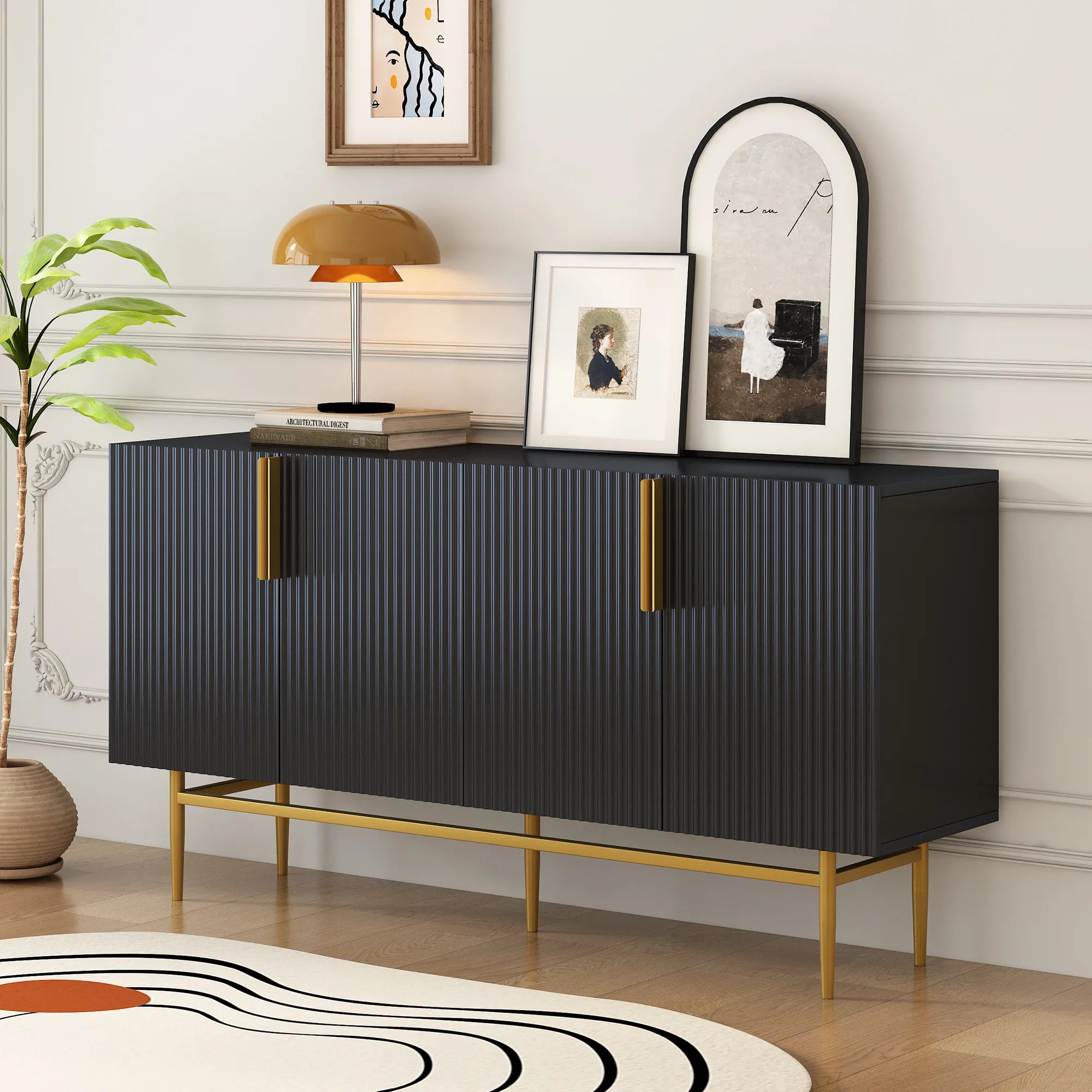 60” Modern 4-Door Sideboard with Gold Handles