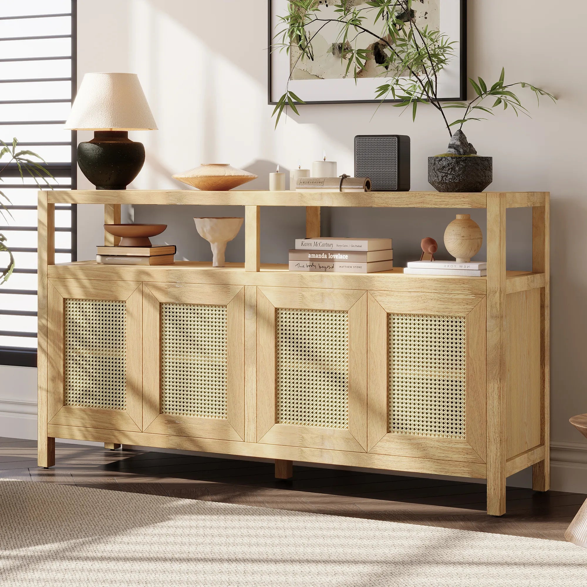 Bohemian Rattan Buffet Storage Cabinet with Adjustable Shelves