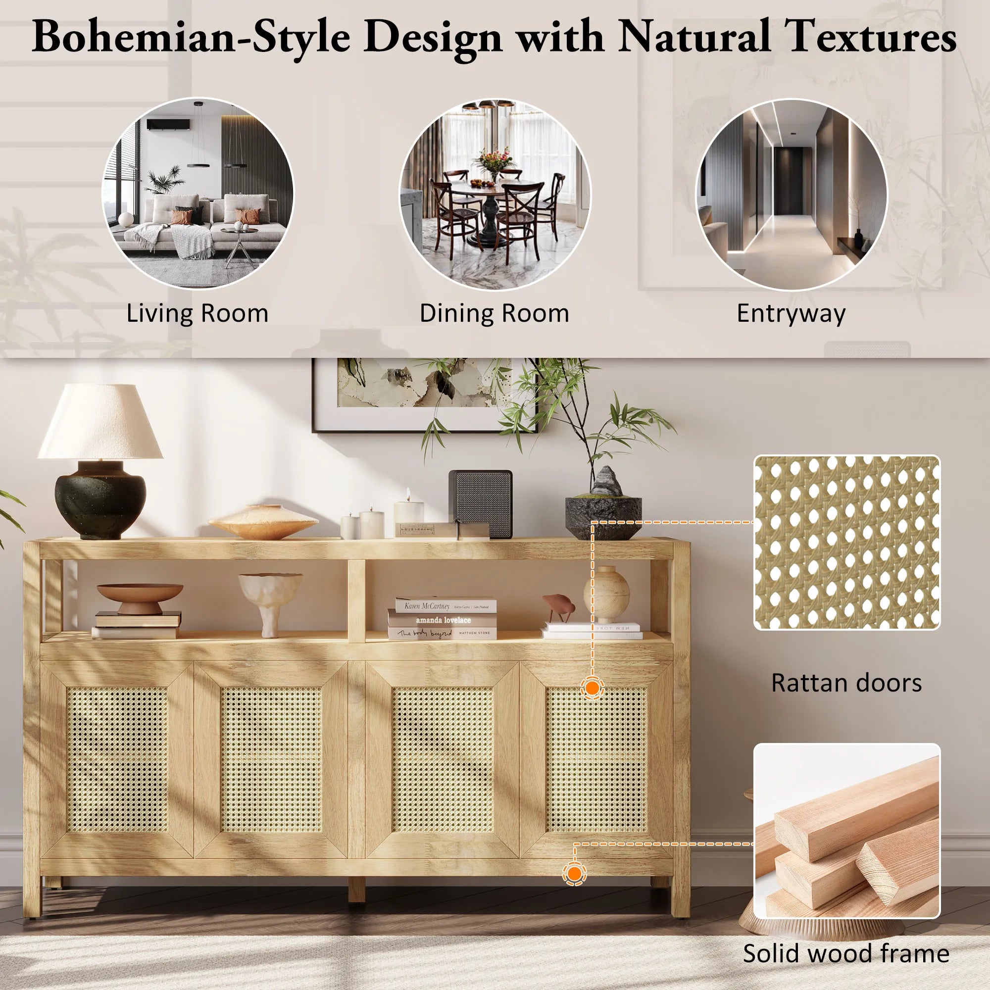 Bohemian Rattan Buffet Storage Cabinet with Adjustable Shelves