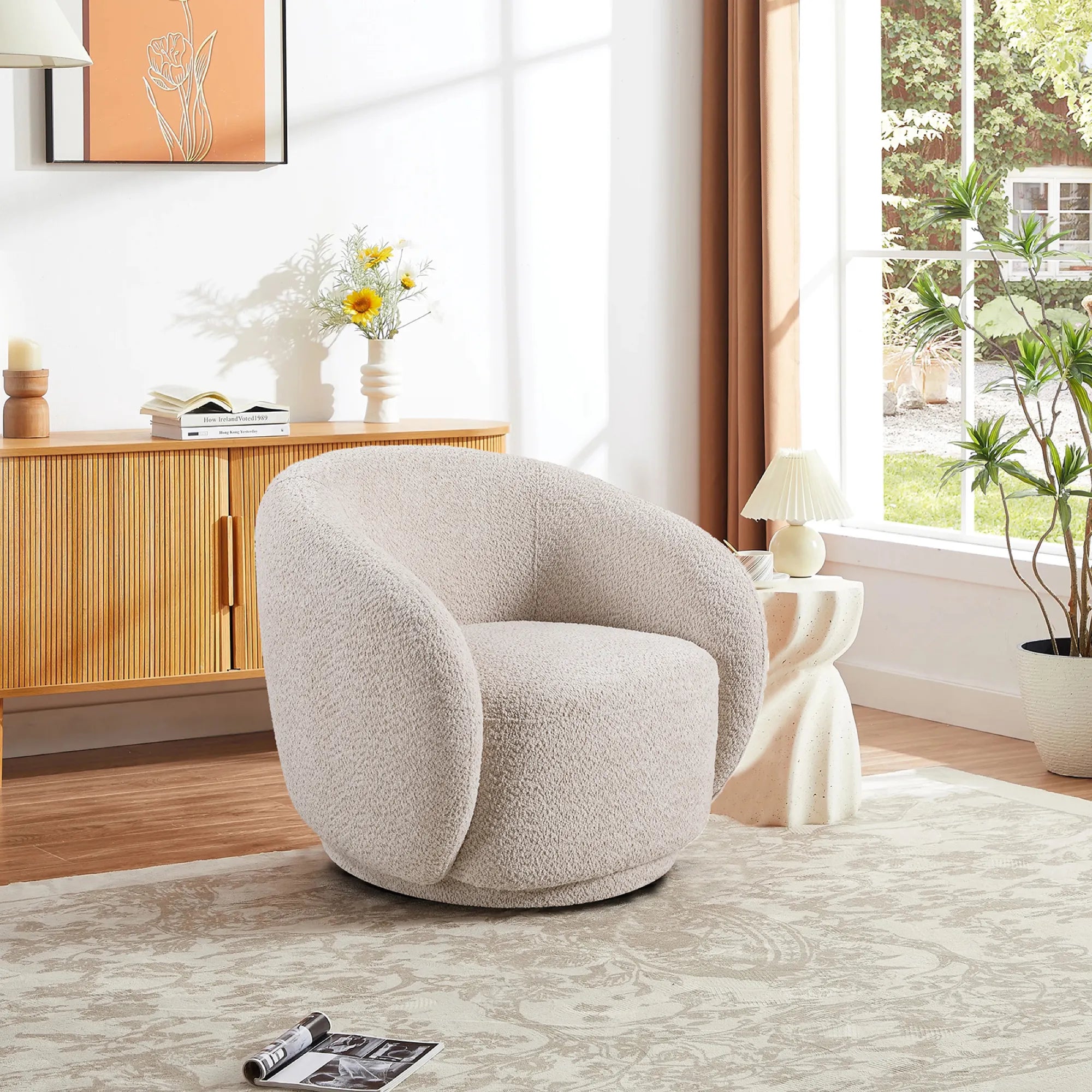 Boucle Fabric Swivel Barrel Accent Chair