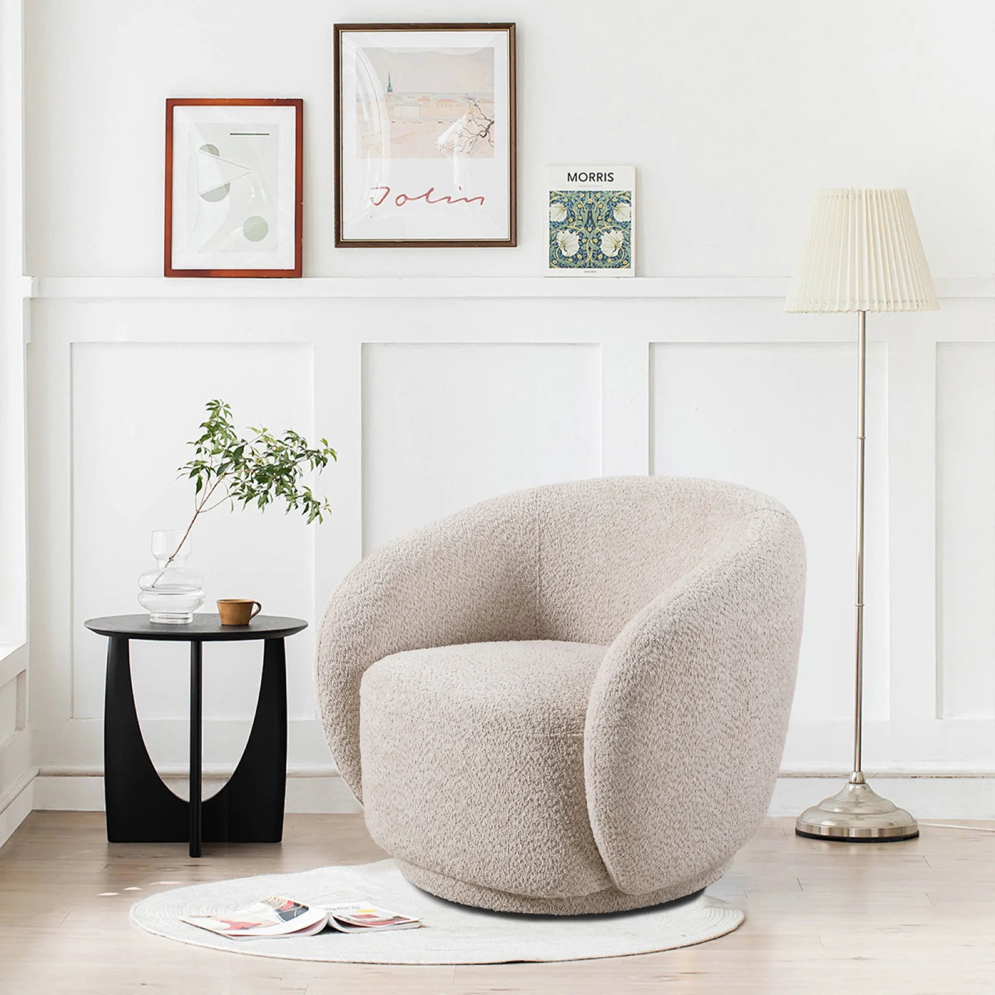 Boucle Fabric Swivel Barrel Accent Chair