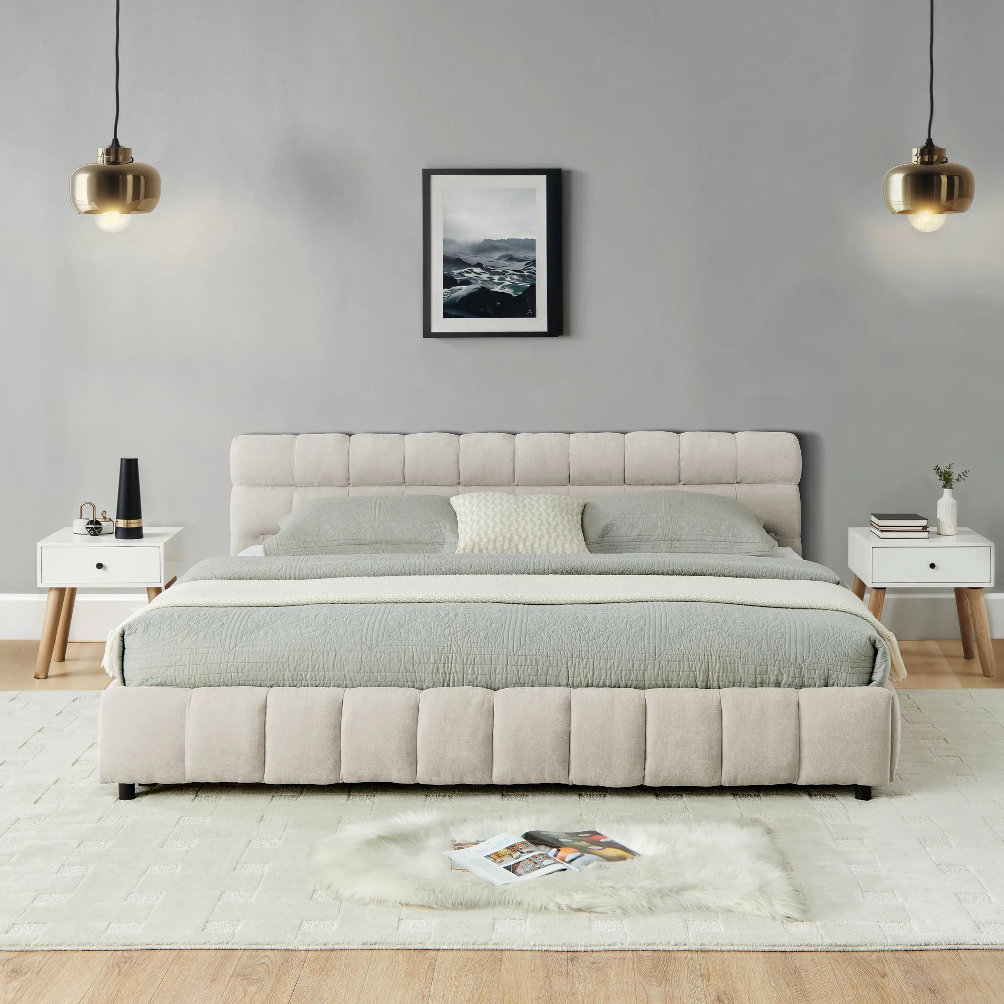 California King Upholstered Bed Frame with Storage Drawer & Headboard