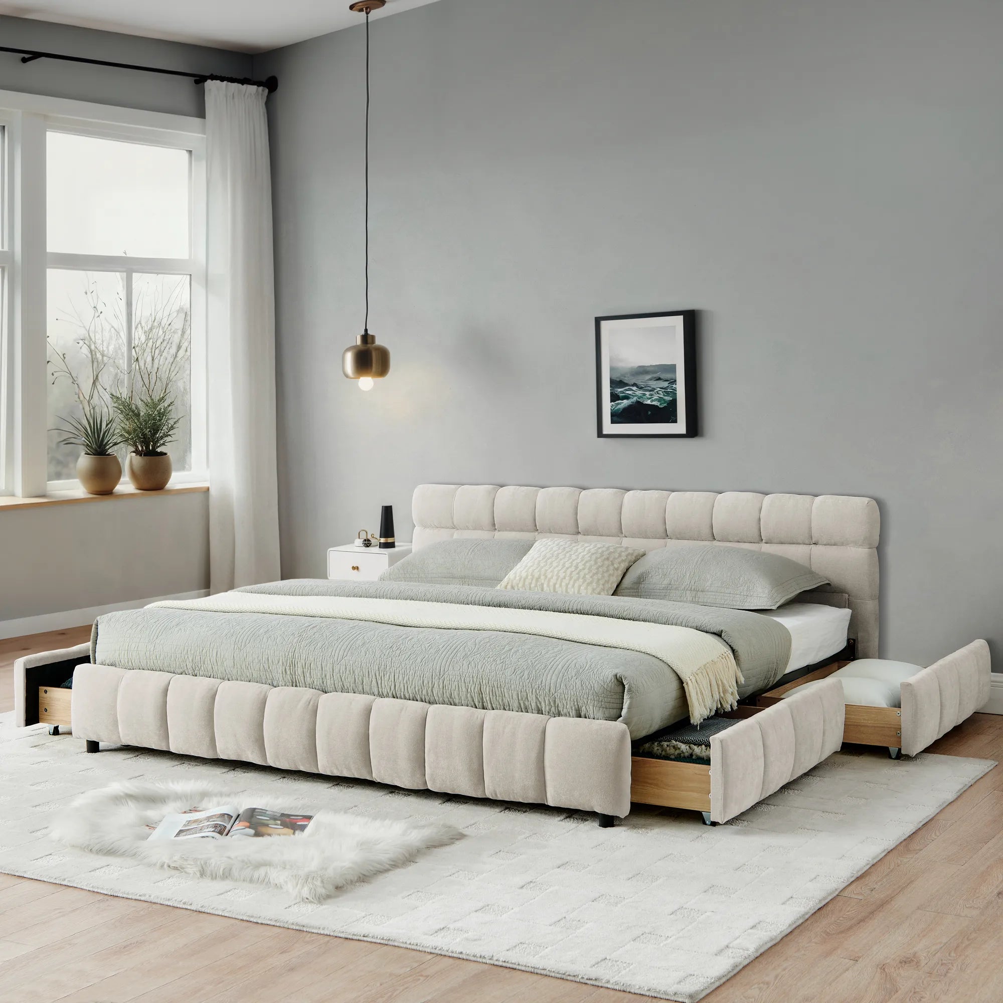 California King Upholstered Bed Frame with Storage Drawer & Headboard