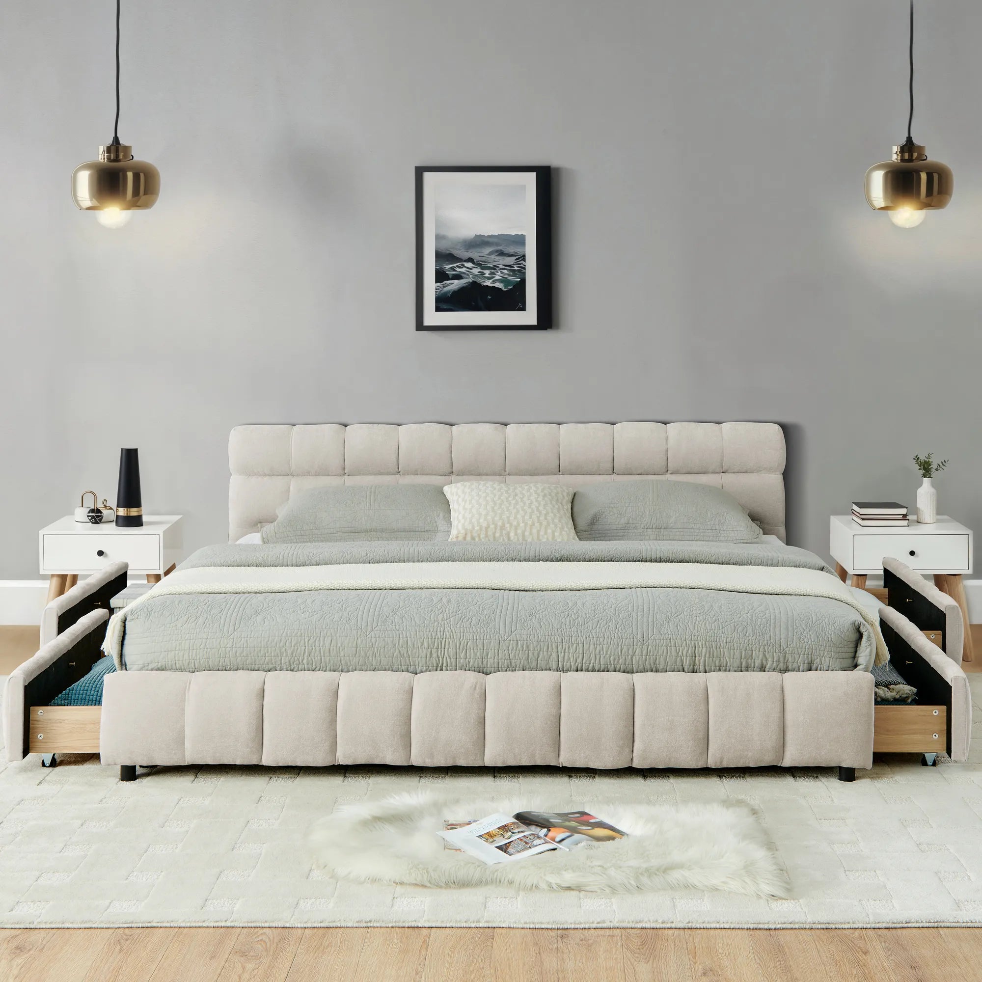 California King Upholstered Bed Frame with Storage Drawer & Headboard