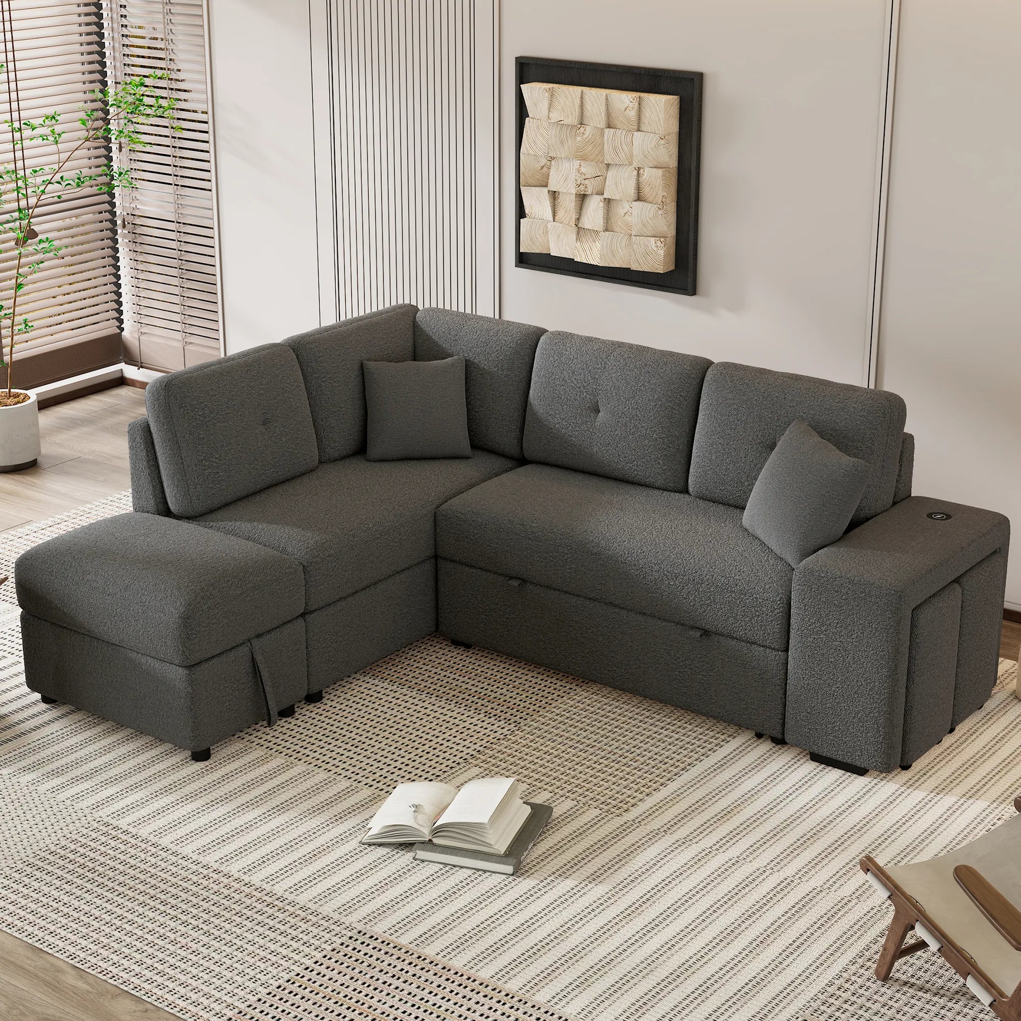 Convertible Sleeper Sofa Bed with Storage Ottoman, Stools, and Wireless Charger