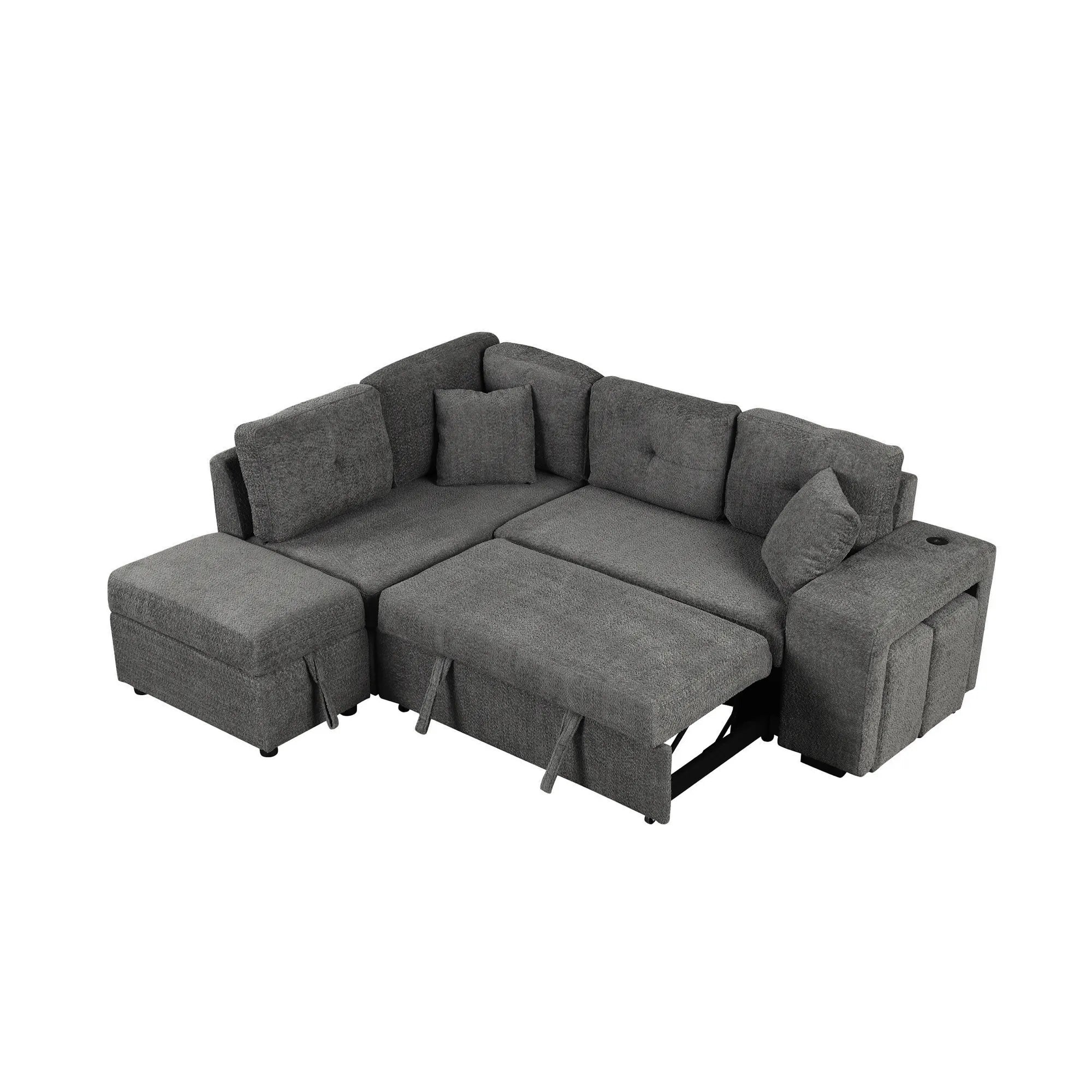 Convertible Sleeper Sofa Bed with Storage Ottoman, Stools, and Wireless Charger