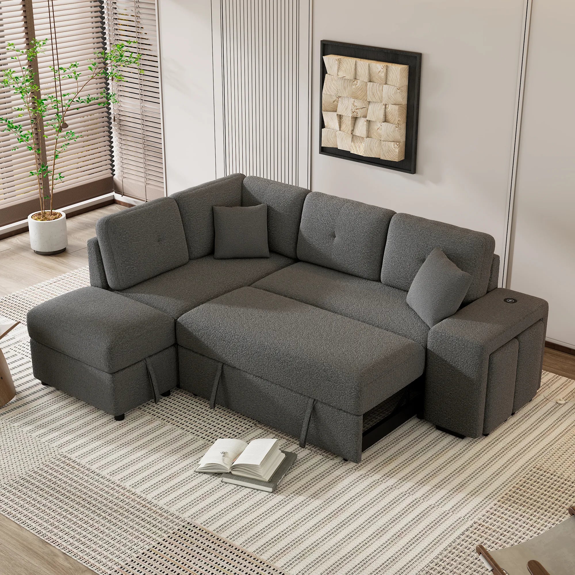Convertible Sleeper Sofa Bed with Storage Ottoman, Stools, and Wireless Charger