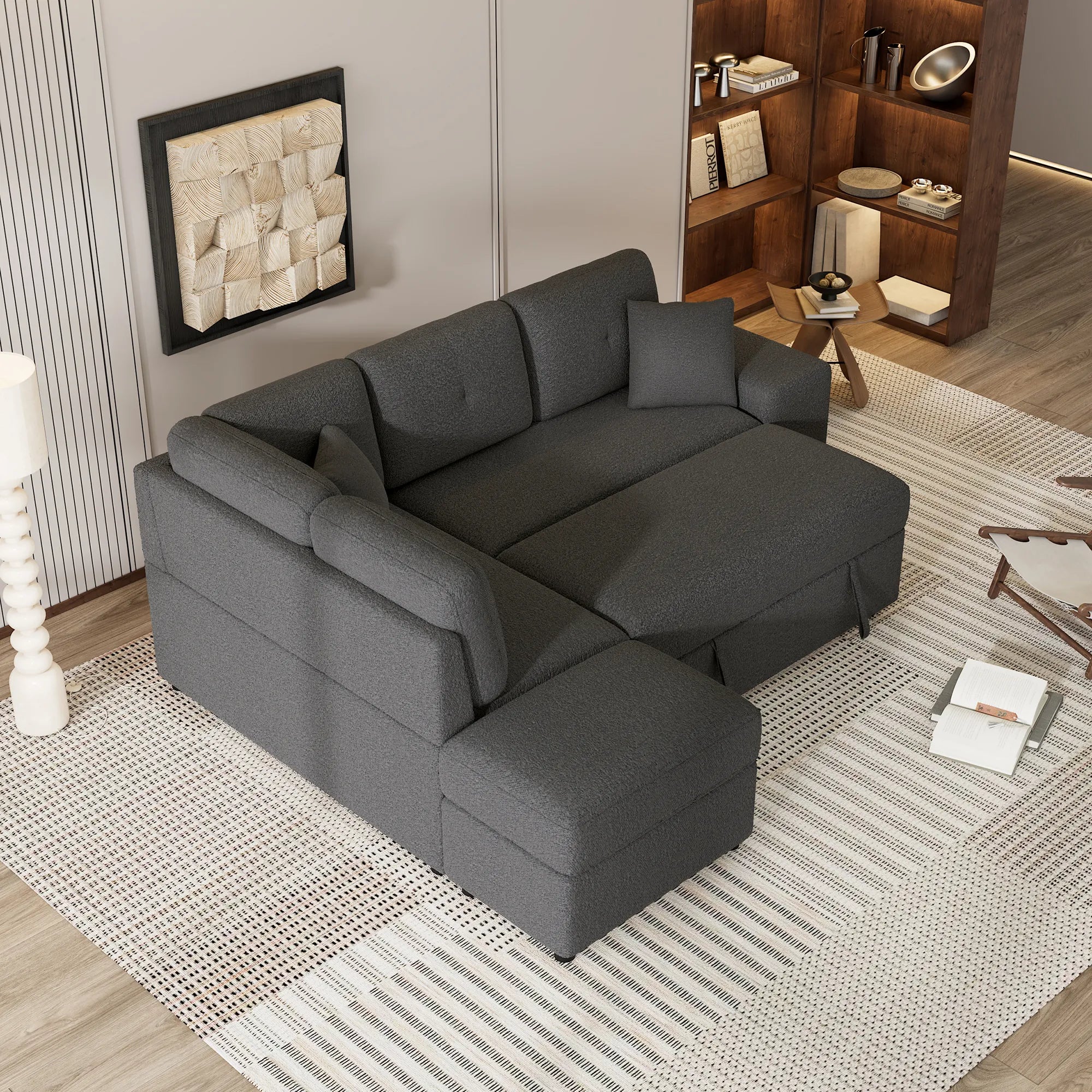 Convertible Sleeper Sofa Bed with Storage Ottoman, Stools, and Wireless Charger