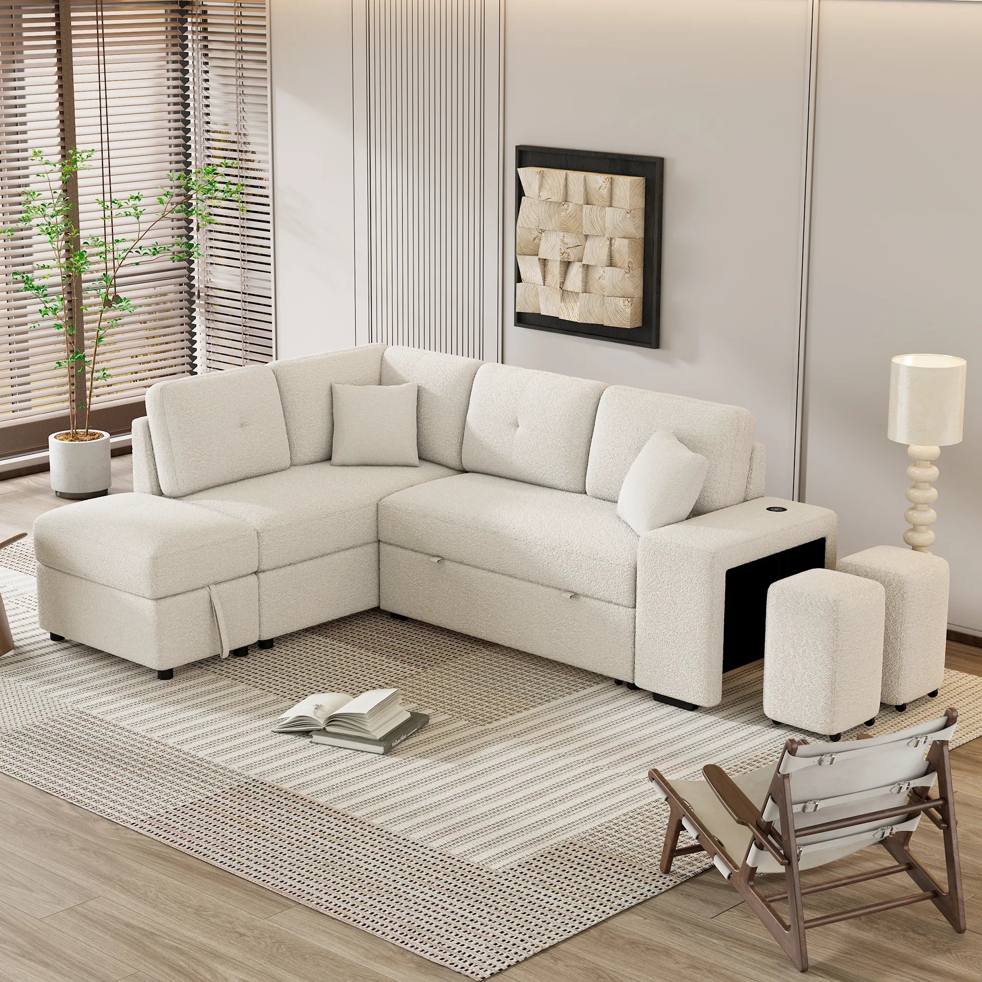 Convertible Sleeper Sofa Bed with Storage Ottoman, Stools, and Wireless Charger