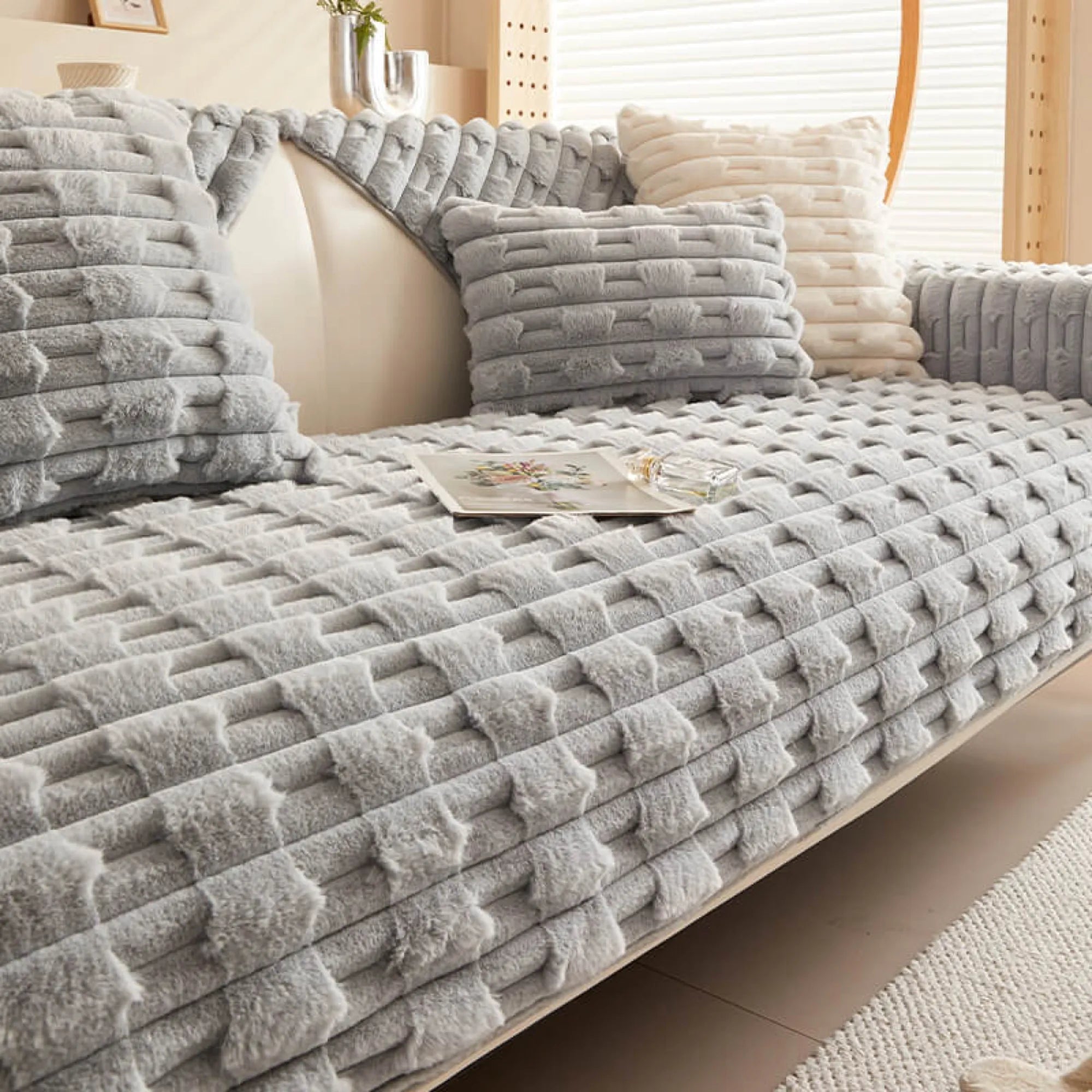 Fluffy Plush Anti-Slip Striped Sofa Cover Slipcover