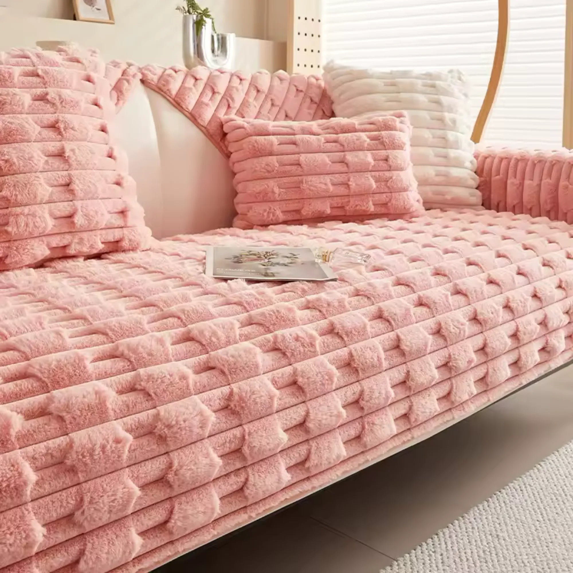 Fluffy Plush Anti-Slip Striped Sofa Cover Slipcover