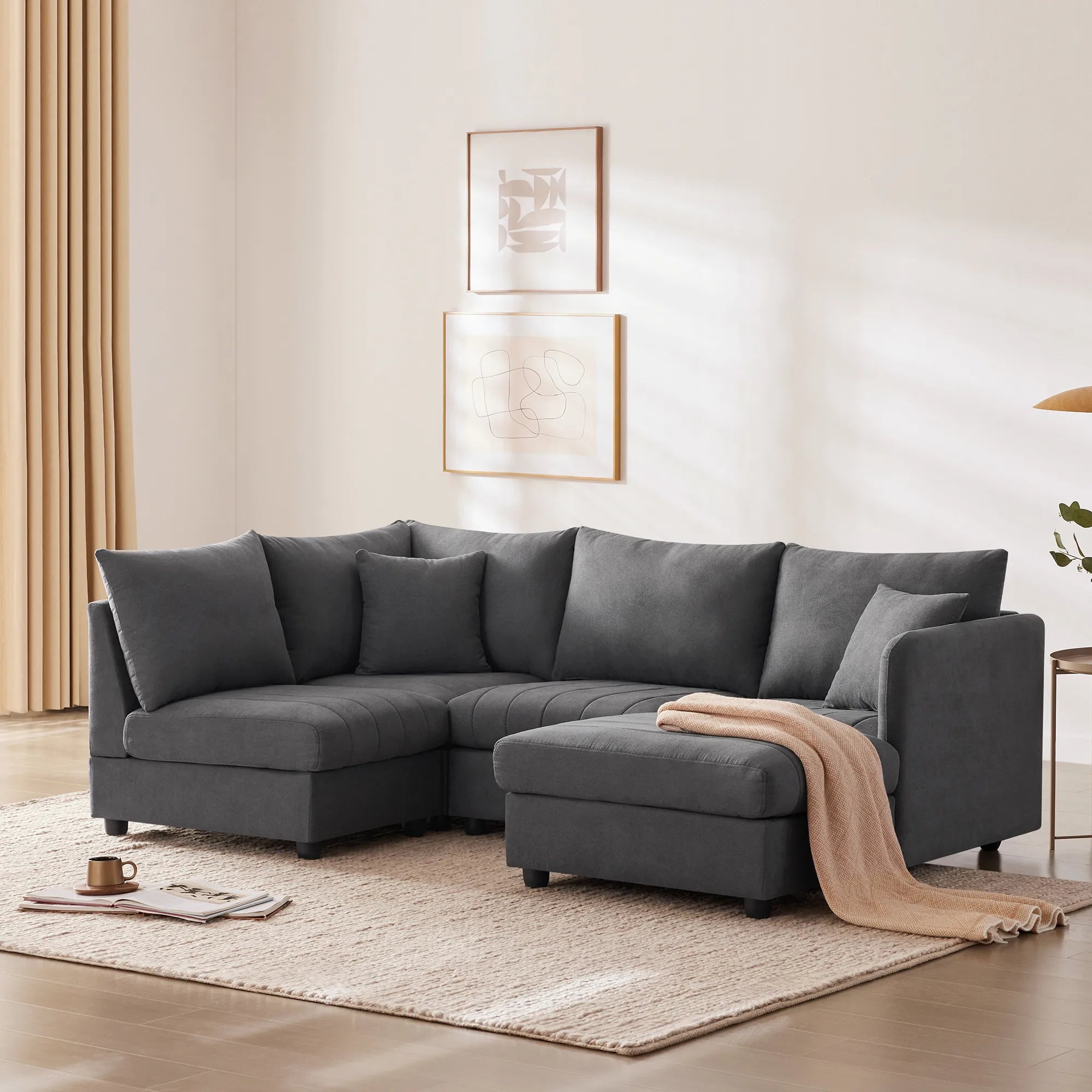 L-Shape Modern Sectional Sofa with Convertible Ottoman