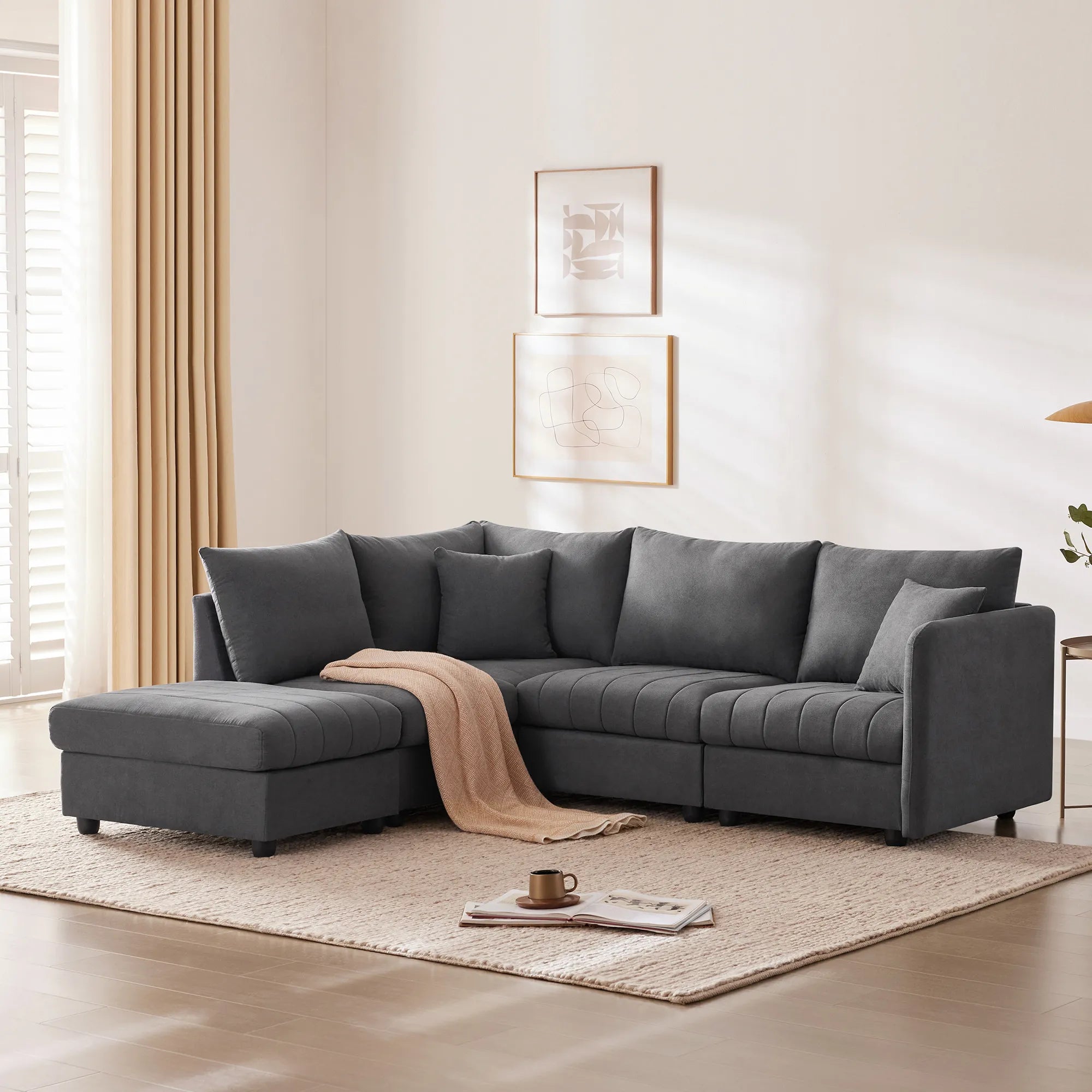 L-Shape Modern Sectional Sofa with Convertible Ottoman