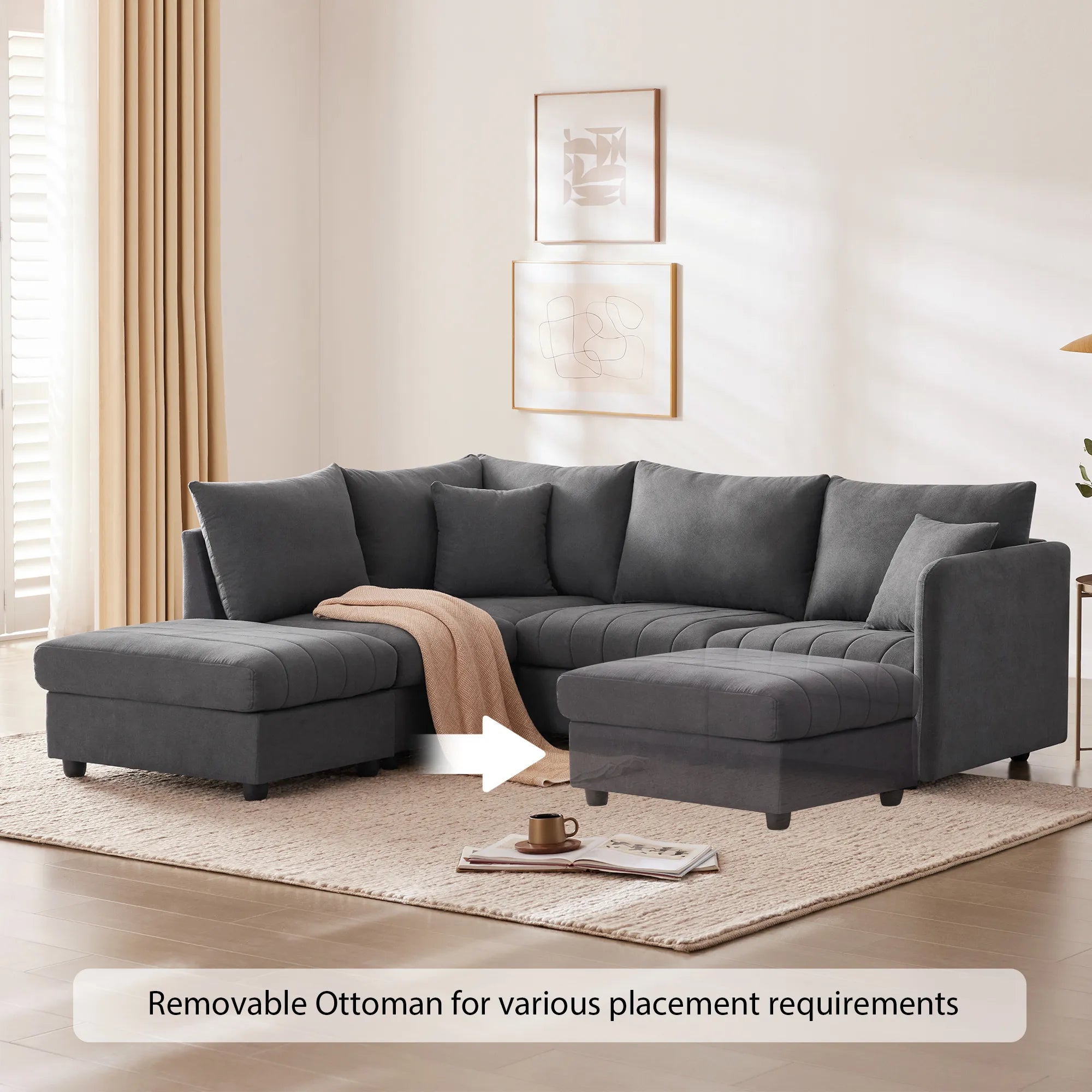 L-Shape Modern Sectional Sofa with Convertible Ottoman