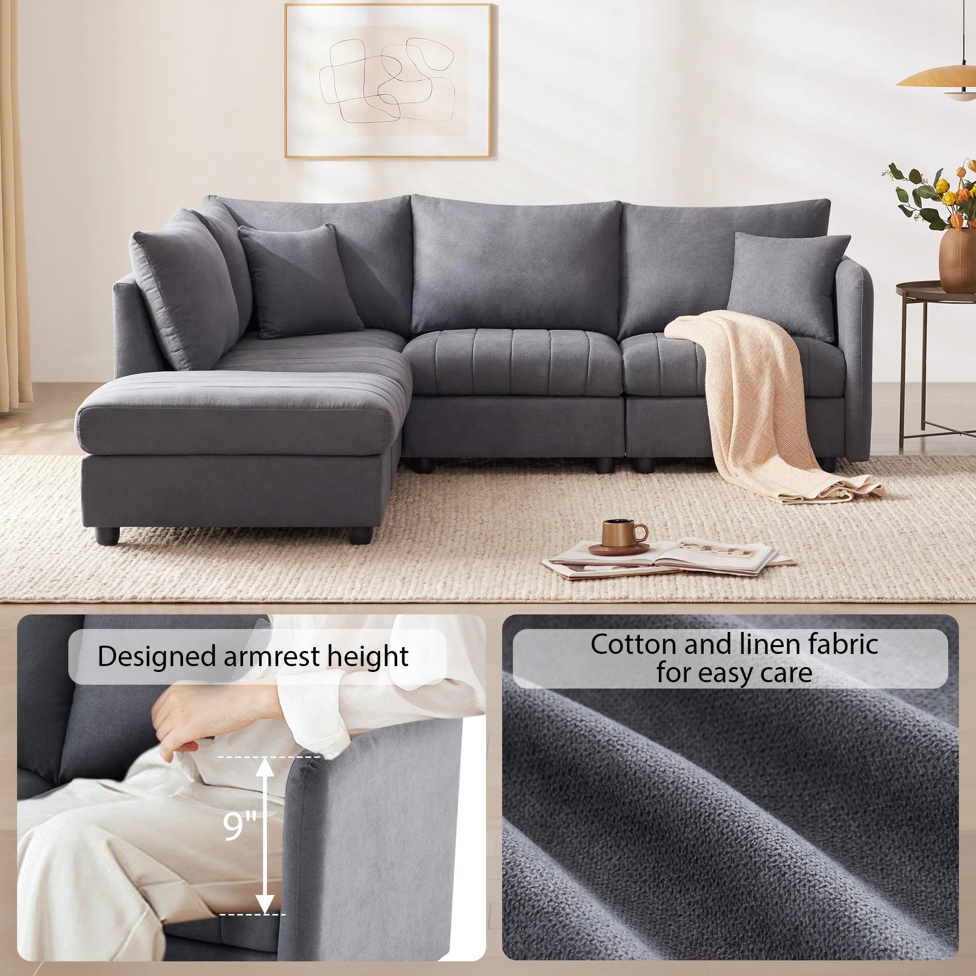 L-Shape Modern Sectional Sofa with Convertible Ottoman