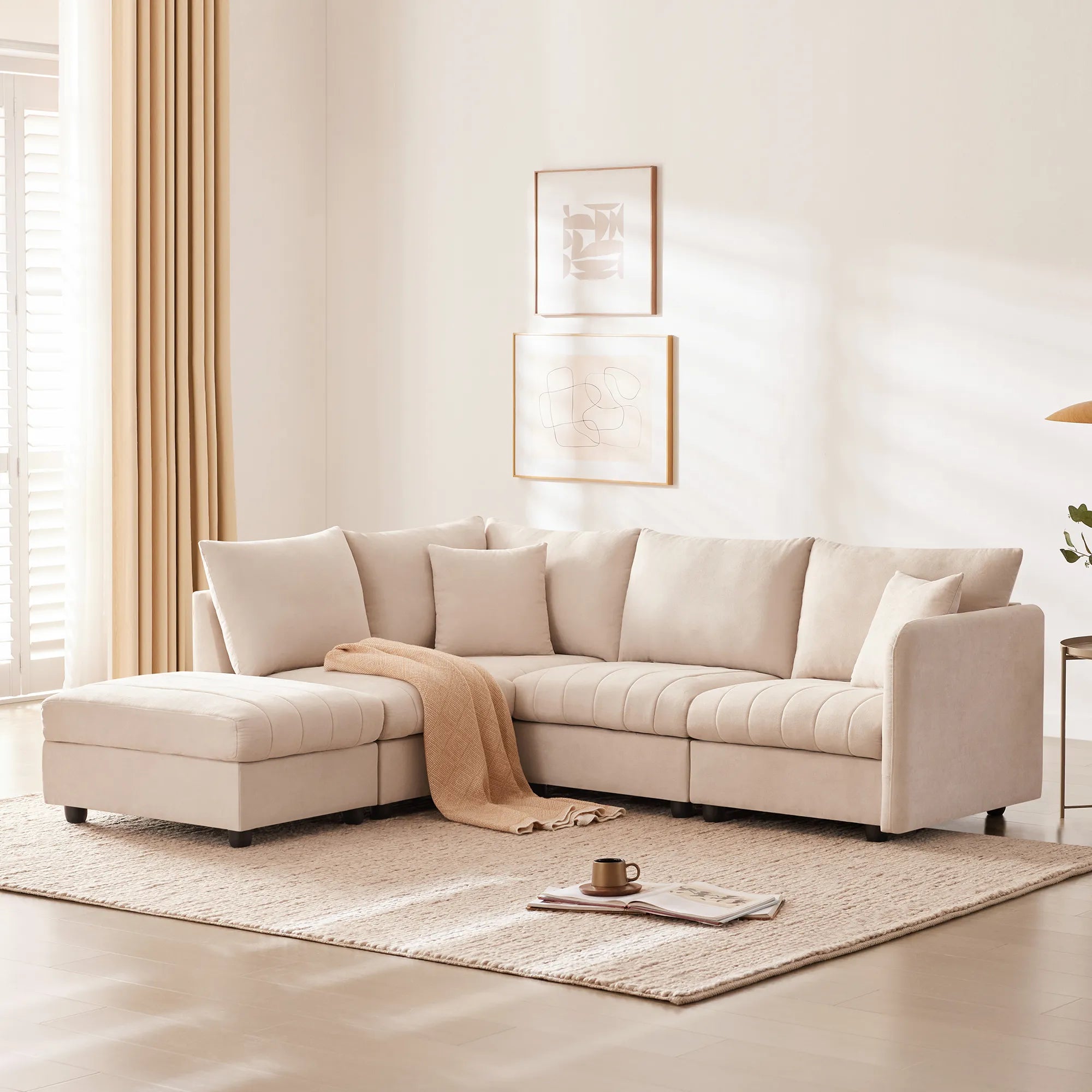 L-Shape Modern Sectional Sofa with Convertible Ottoman