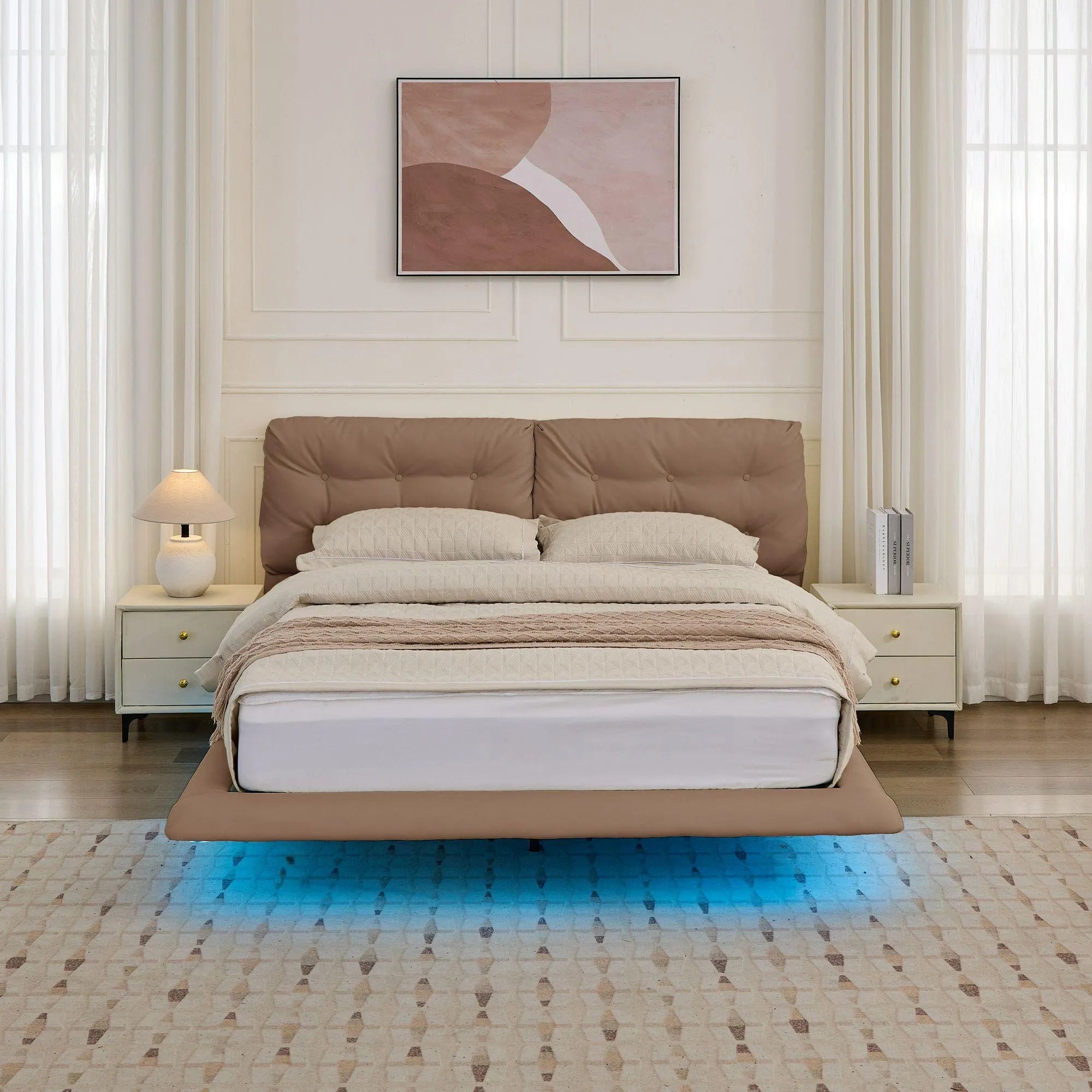 Lunara – Queen Floating Bed with PU Leather & LED Lights