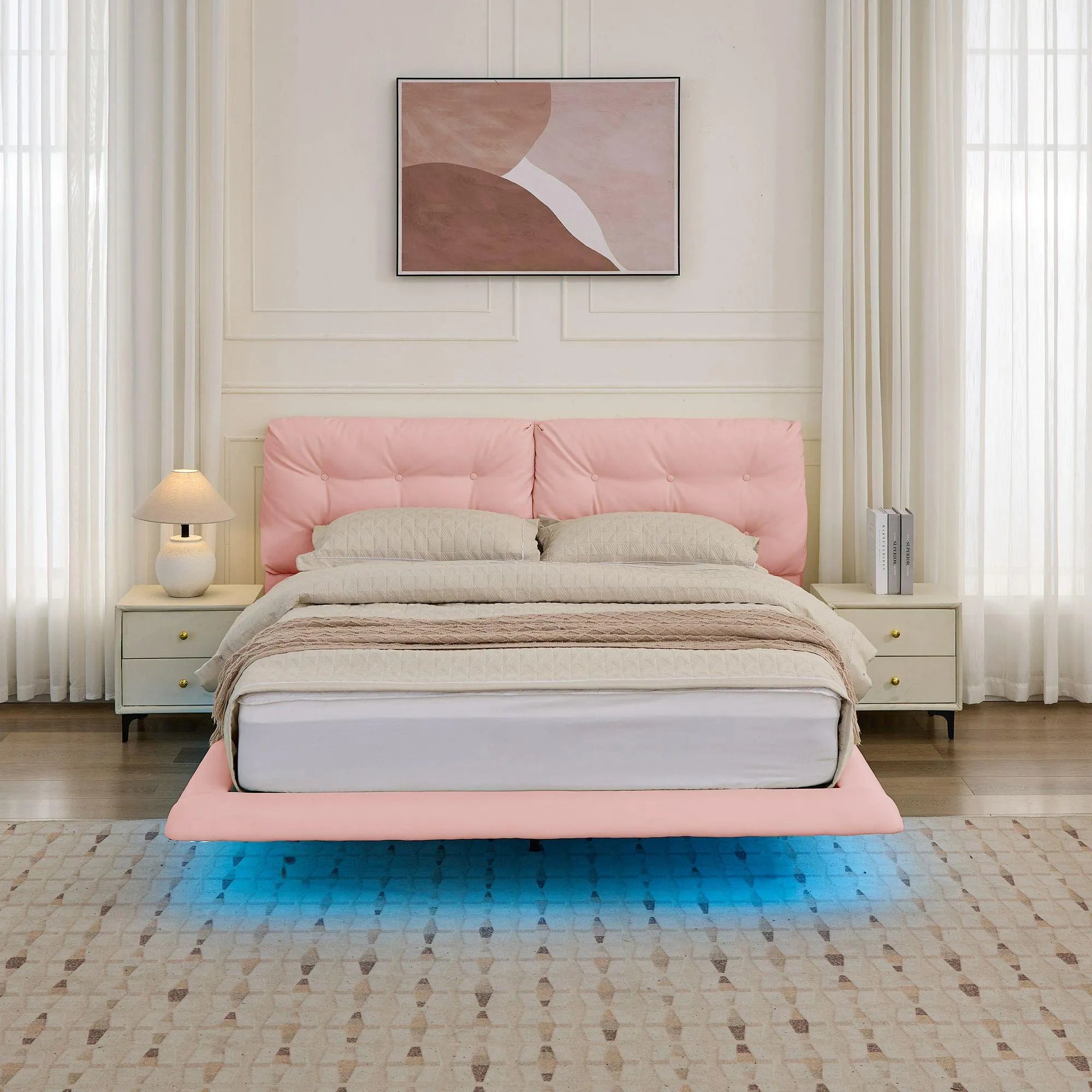 Lunara – Queen Floating Bed with PU Leather & LED Lights