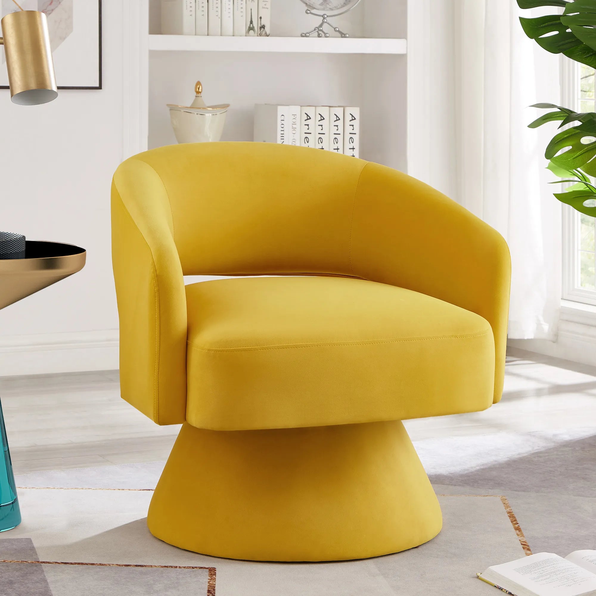 Modern 360° Swivel Velvet Barrel Accent Chair With Open Backrest